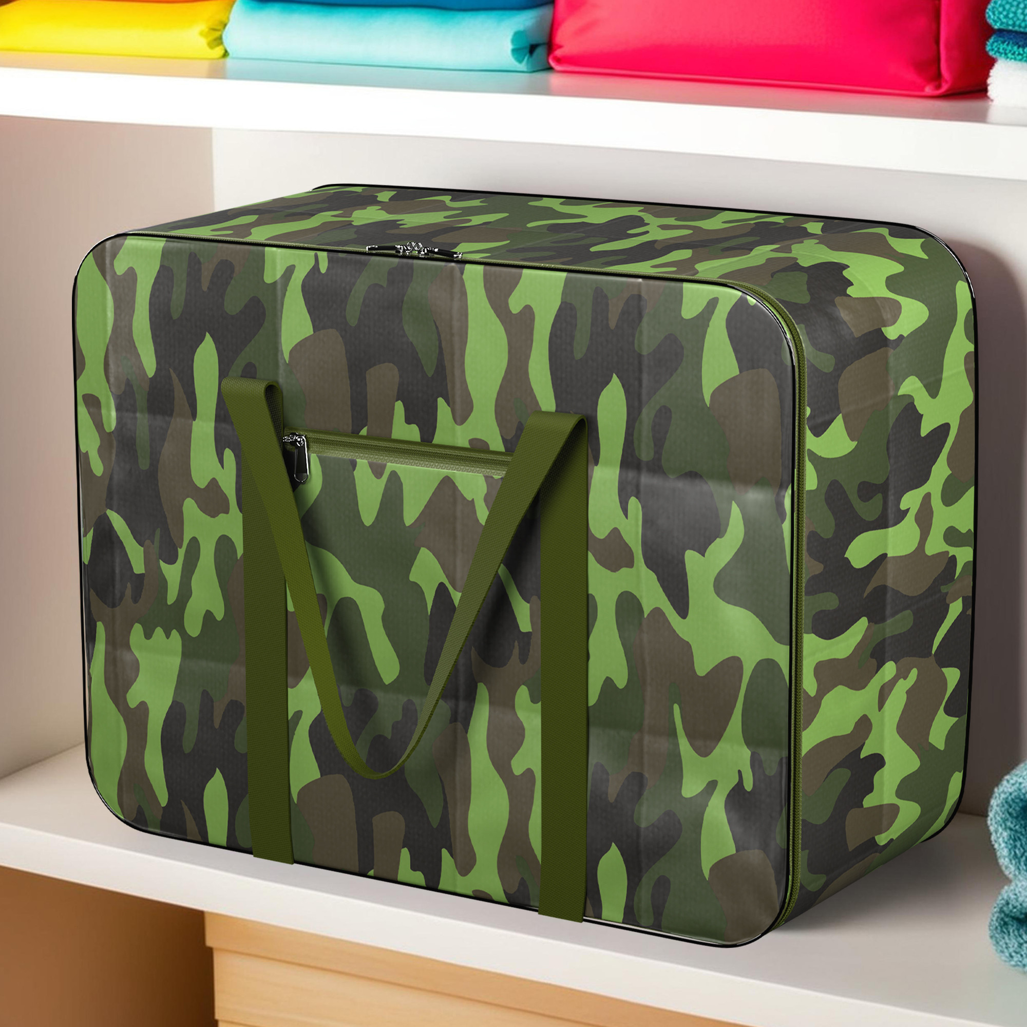 Kuber Industries Parachute 108L Under Bed Storage Bags for Clothes and Blankets with Zipper Closure  Big Bag for Travel  Storage Organizer Dust Guard for Lehenga  Dresses  Green Camouflage