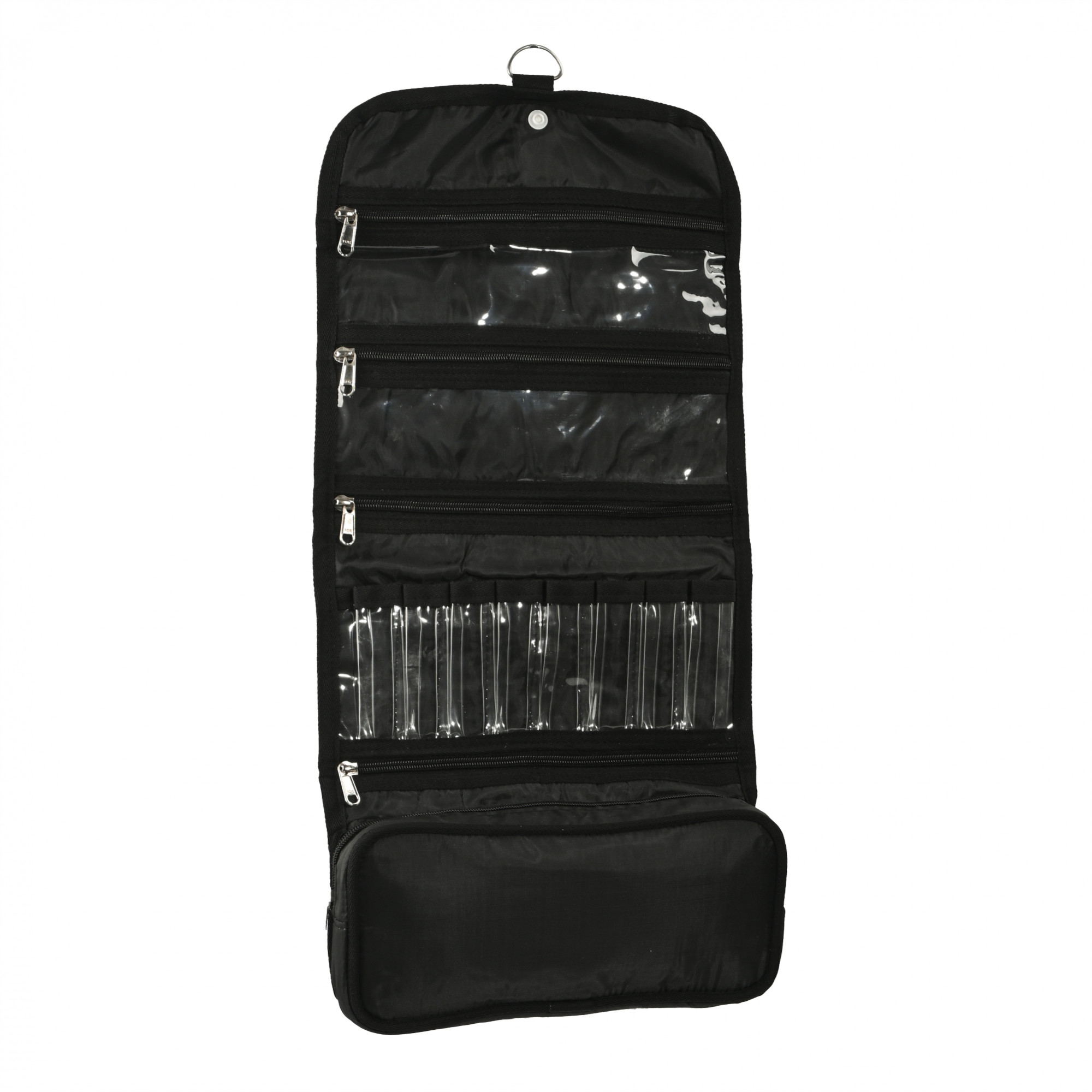 Kuber Industries Parachute Hanging Makeup Kit with Magnet Closure  Foldable Toiletry Kit  Multipurpose Travel Toiletry Bag for Men and Women  Black