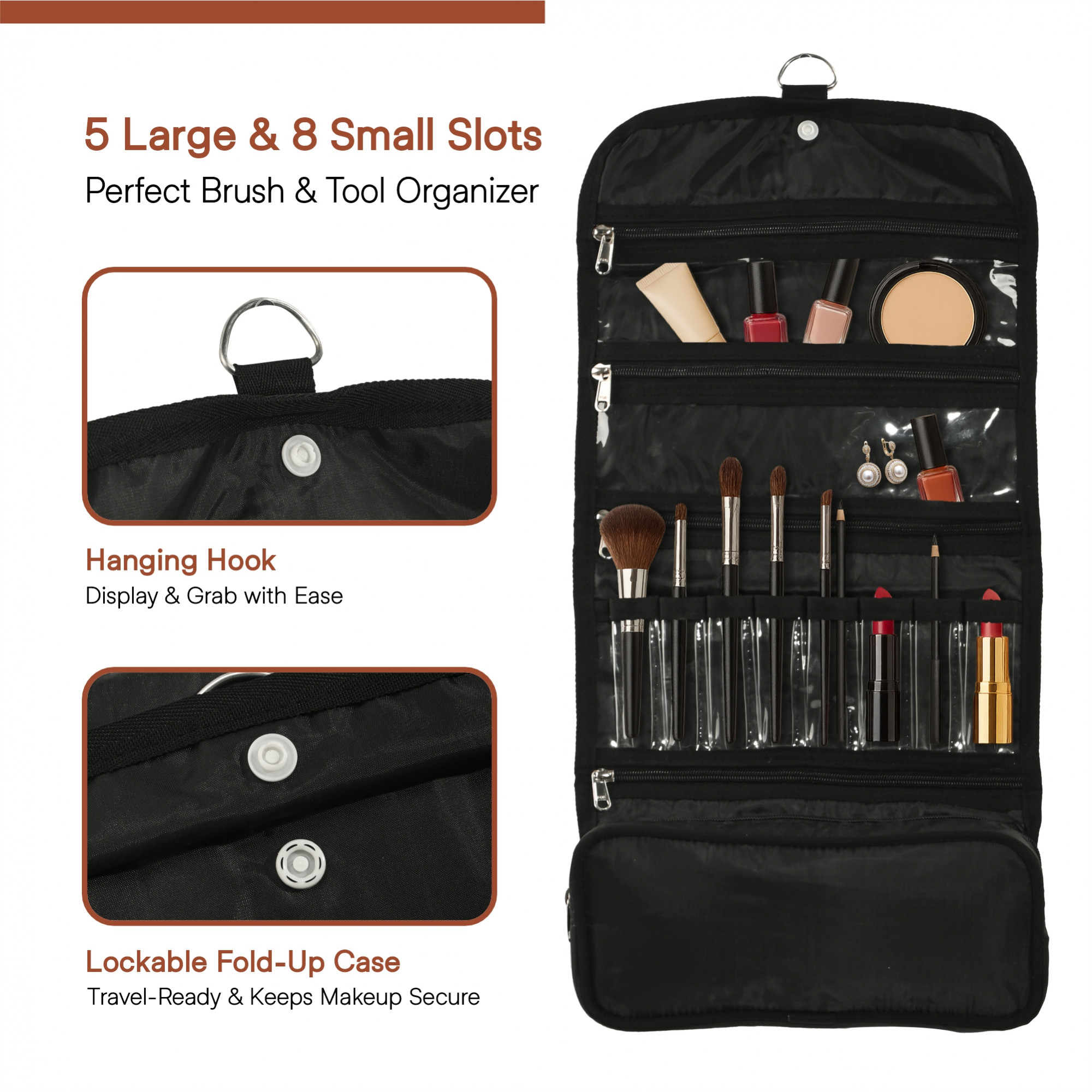 Kuber Industries Parachute Hanging Makeup Kit with Magnet Closure  Foldable Toiletry Kit  Multipurpose Travel Toiletry Bag for Men and Women  Black