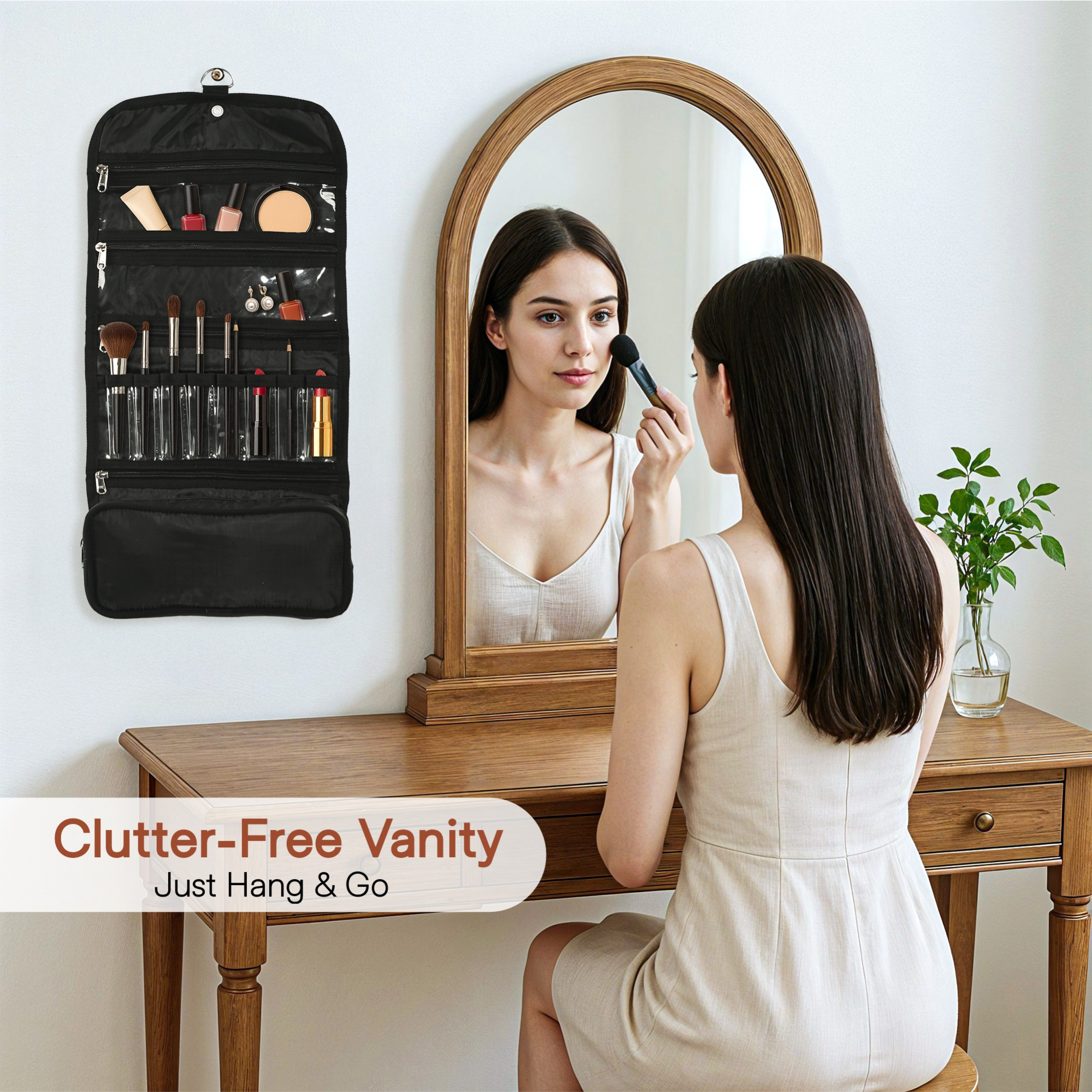 Kuber Industries Parachute Hanging Makeup Kit with Magnet Closure  Foldable Toiletry Kit  Multipurpose Travel Toiletry Bag for Men and Women  Black