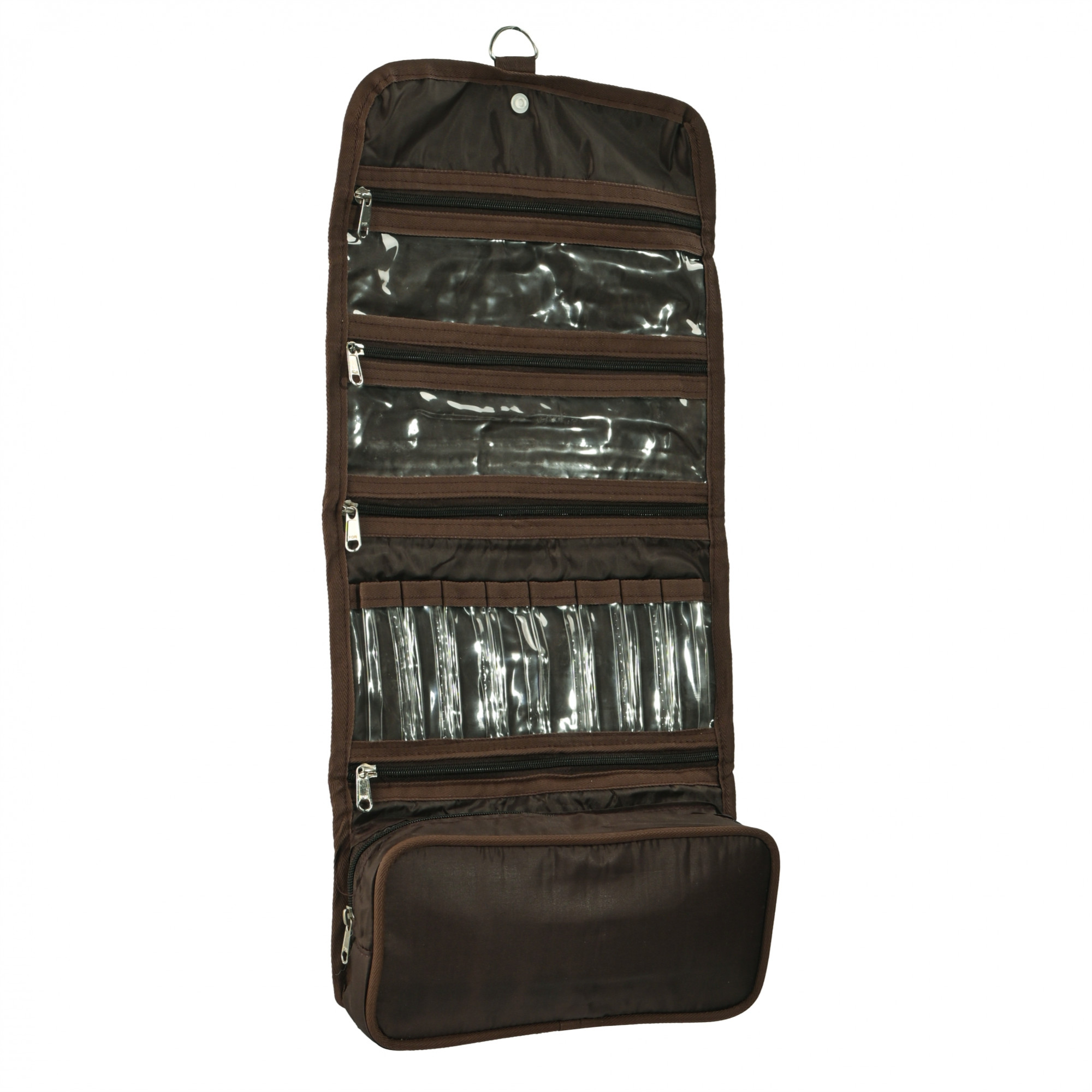 Kuber Industries Parachute Hanging Makeup Kit with Snap Button  Stylish Toiletry Kit  Multipurpose Travel Toiletry Bag for Men and Women  Brown