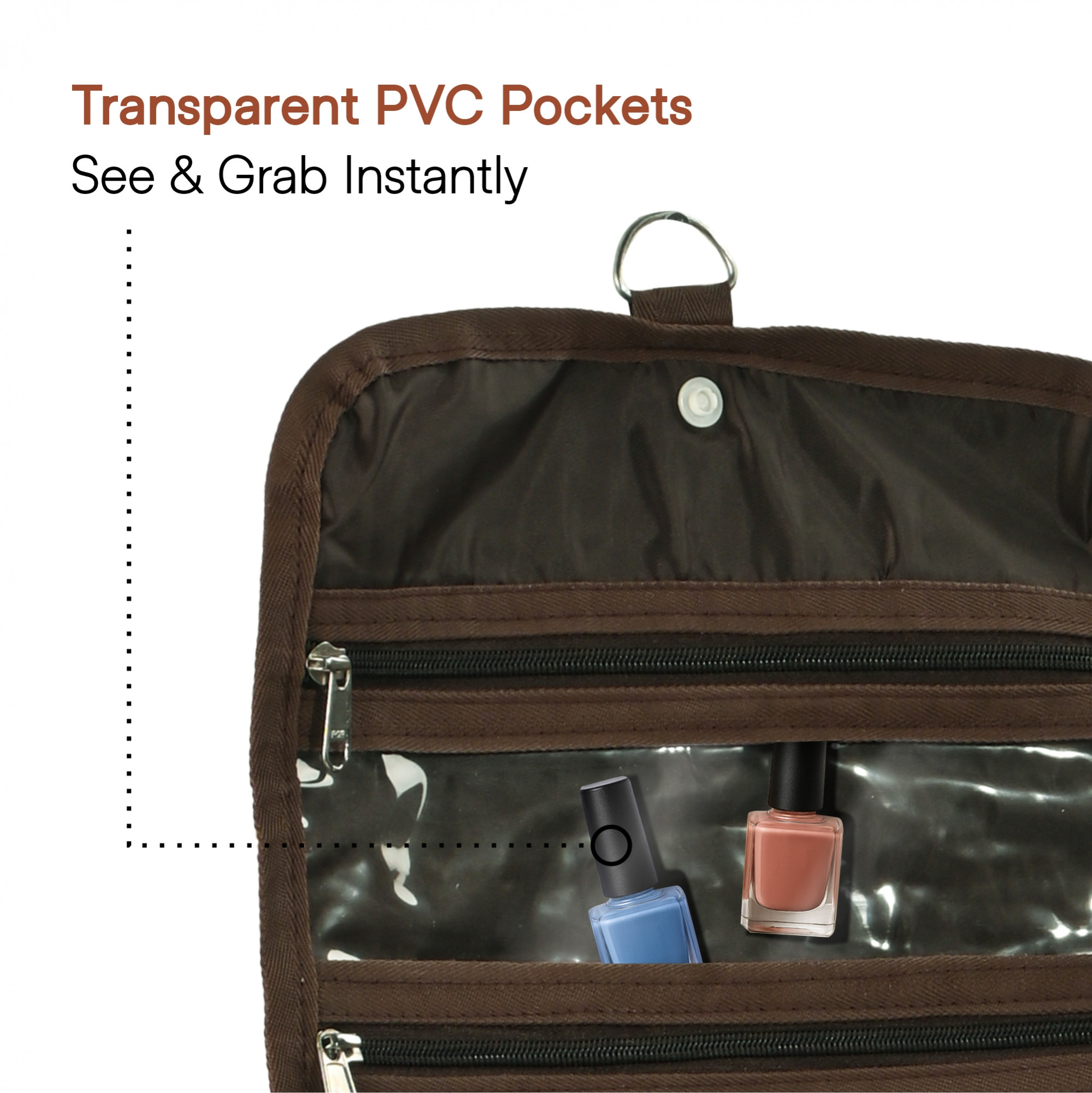 Kuber Industries Parachute Hanging Makeup Kit with Snap Button  Stylish Toiletry Kit  Multipurpose Travel Toiletry Bag for Men and Women  Brown