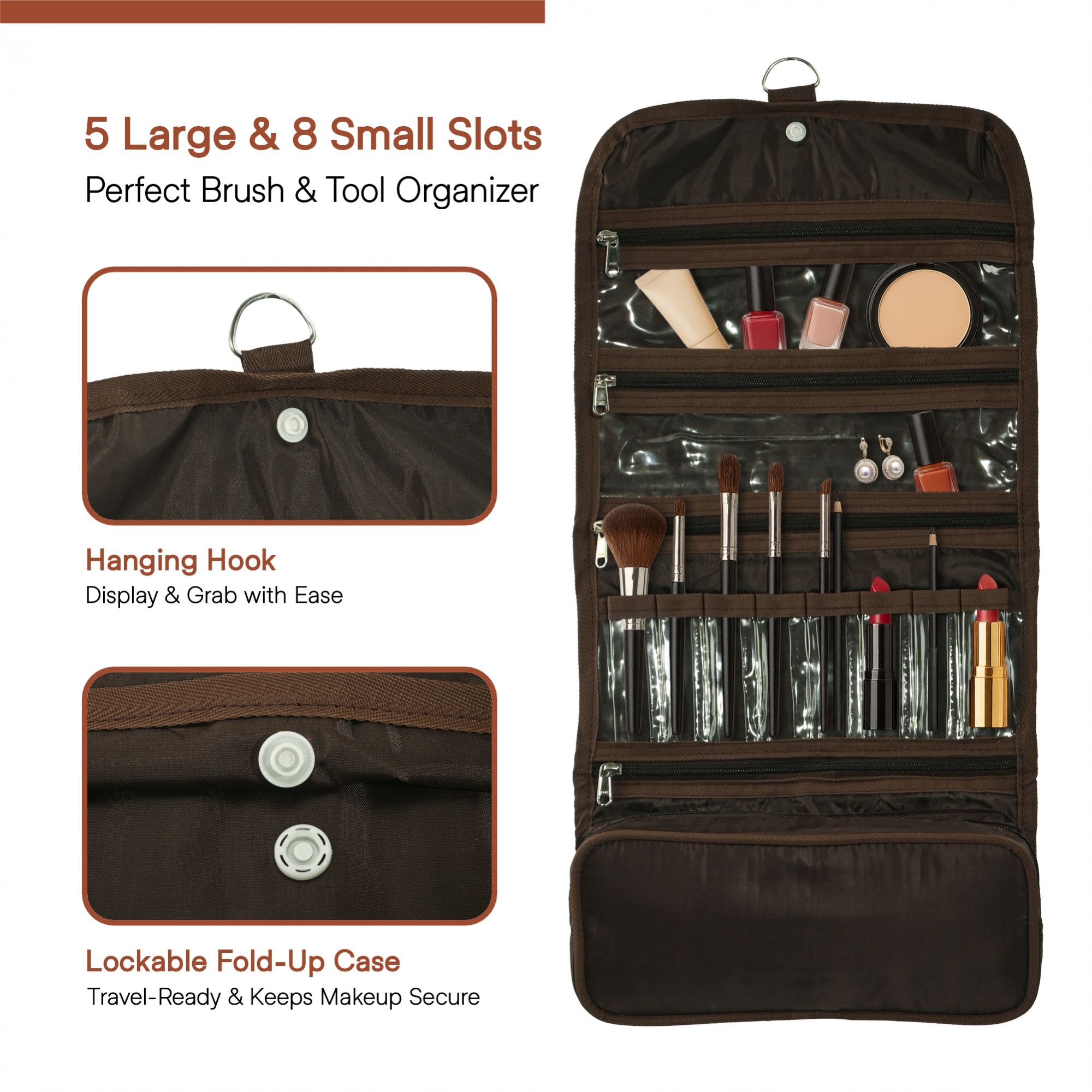 Kuber Industries Parachute Hanging Makeup Kit with Snap Button  Stylish Toiletry Kit  Multipurpose Travel Toiletry Bag for Men and Women  Brown