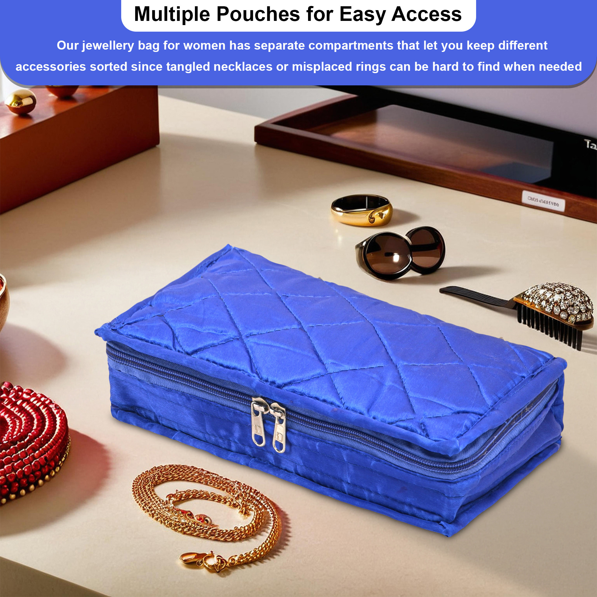 Kuber Industries Parachute Jewellery Pouches for Storage Necklace  Bangles with 4 Transparent Pouches  Jewellery Kit  Bag  Organiser for Women  Quilted Print - Blue