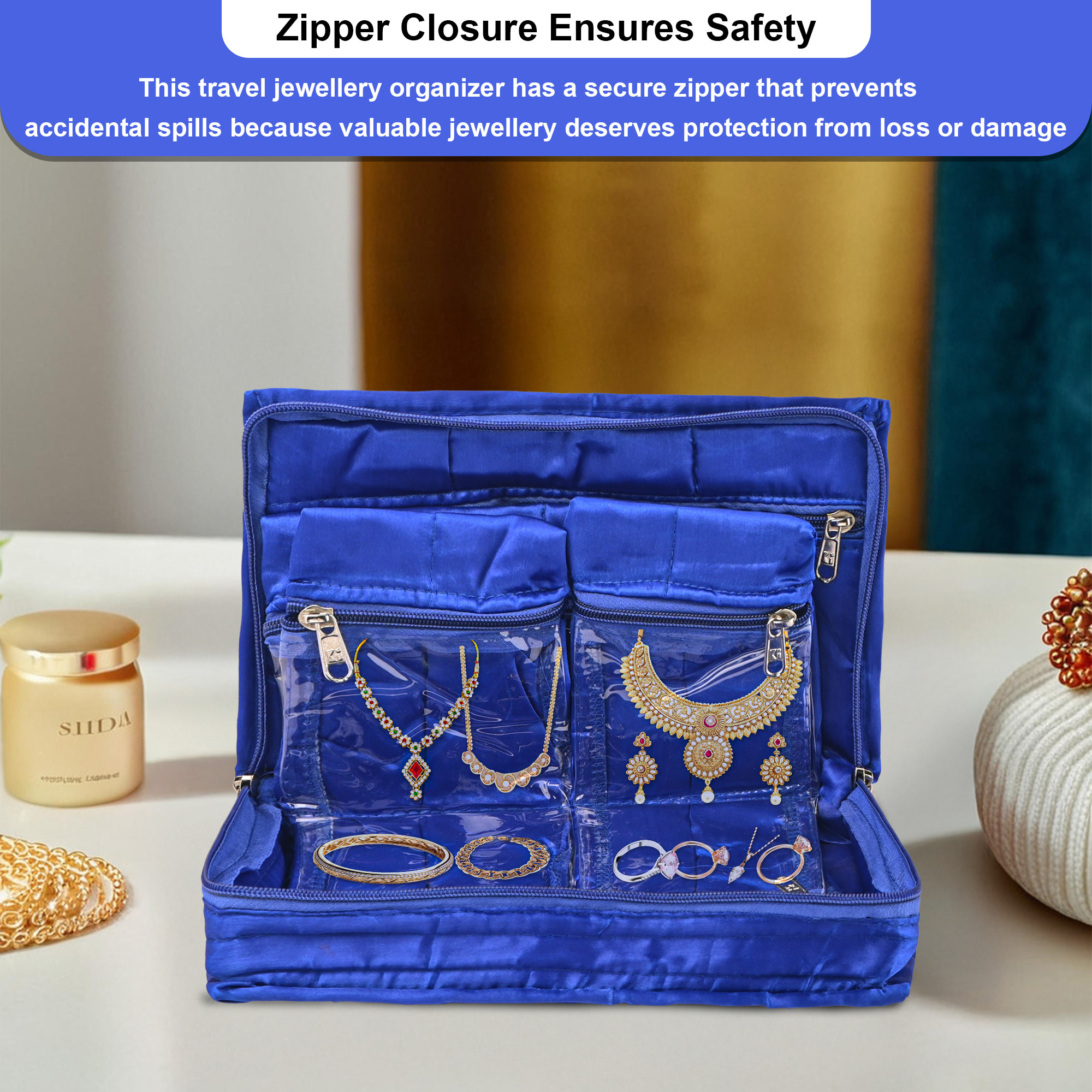 Kuber Industries Parachute Jewellery Pouches for Storage Necklace  Bangles with 4 Transparent Pouches  Jewellery Kit  Bag  Organiser for Women  Quilted Print - Blue