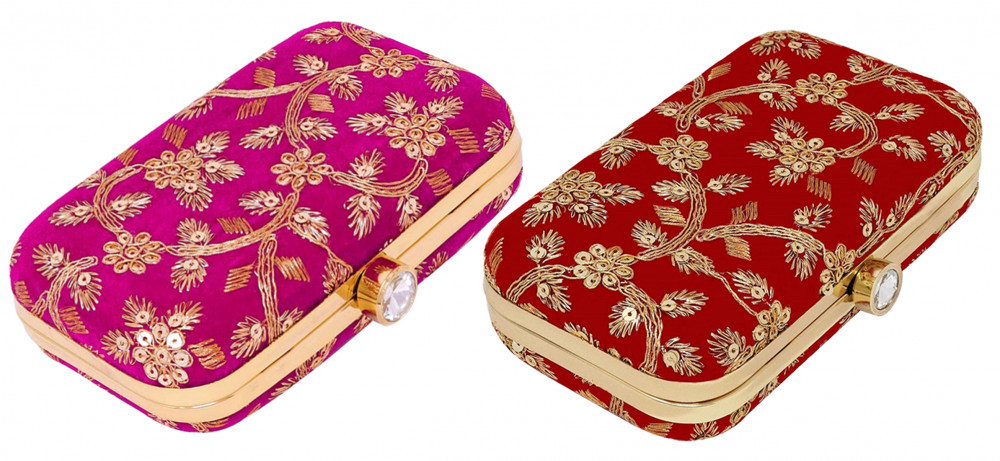 Kuber Industries Party Wear Clutch Bag Purse Handbag For Bridal, Casual, Party, Wedding,Set Of 2 (Pink &amp; Maroon)-KUBMRT11880