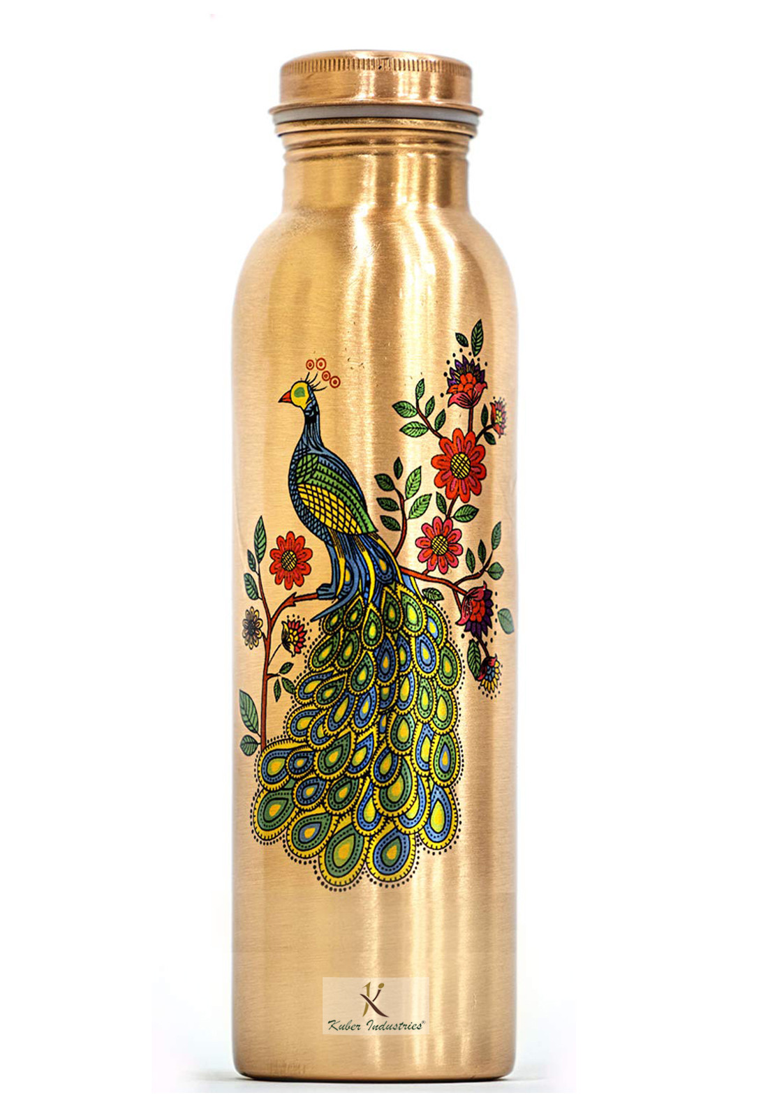 Kuber Industries Peacock Print Pure Copper Water Bottle,1Ltr (Brown)-KUBMRT11575