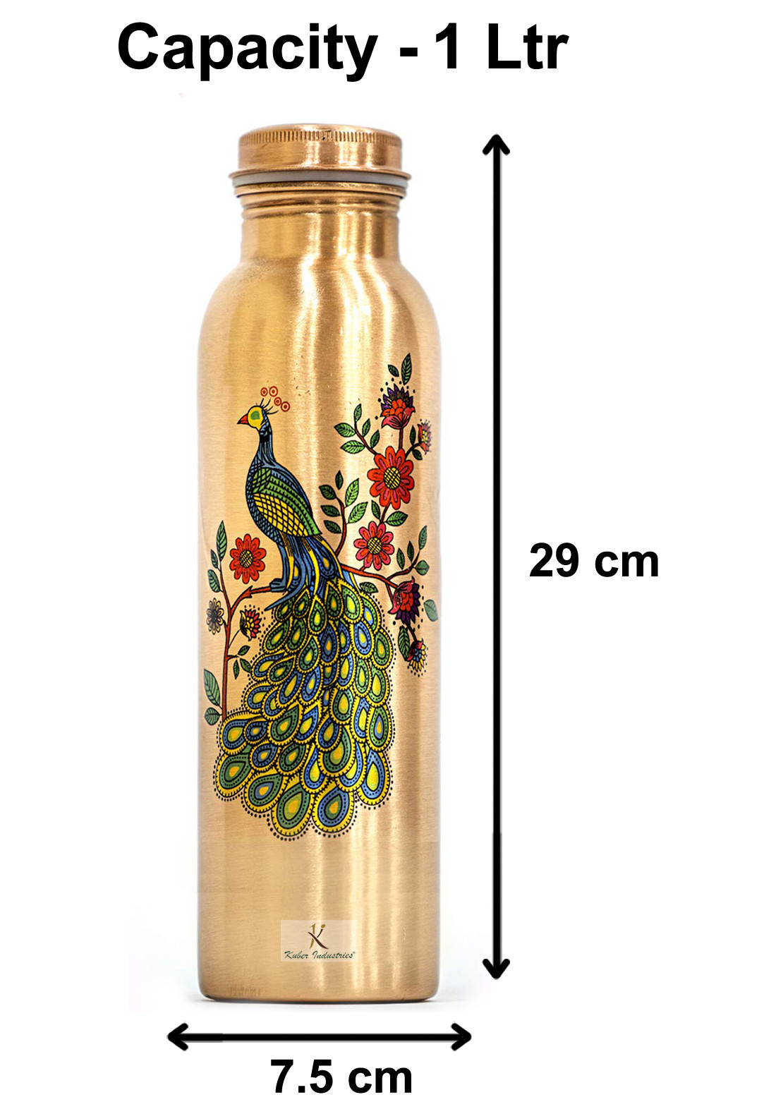 Kuber Industries Peacock Print Pure Copper Water Bottle,1Ltr (Brown)-KUBMRT11575