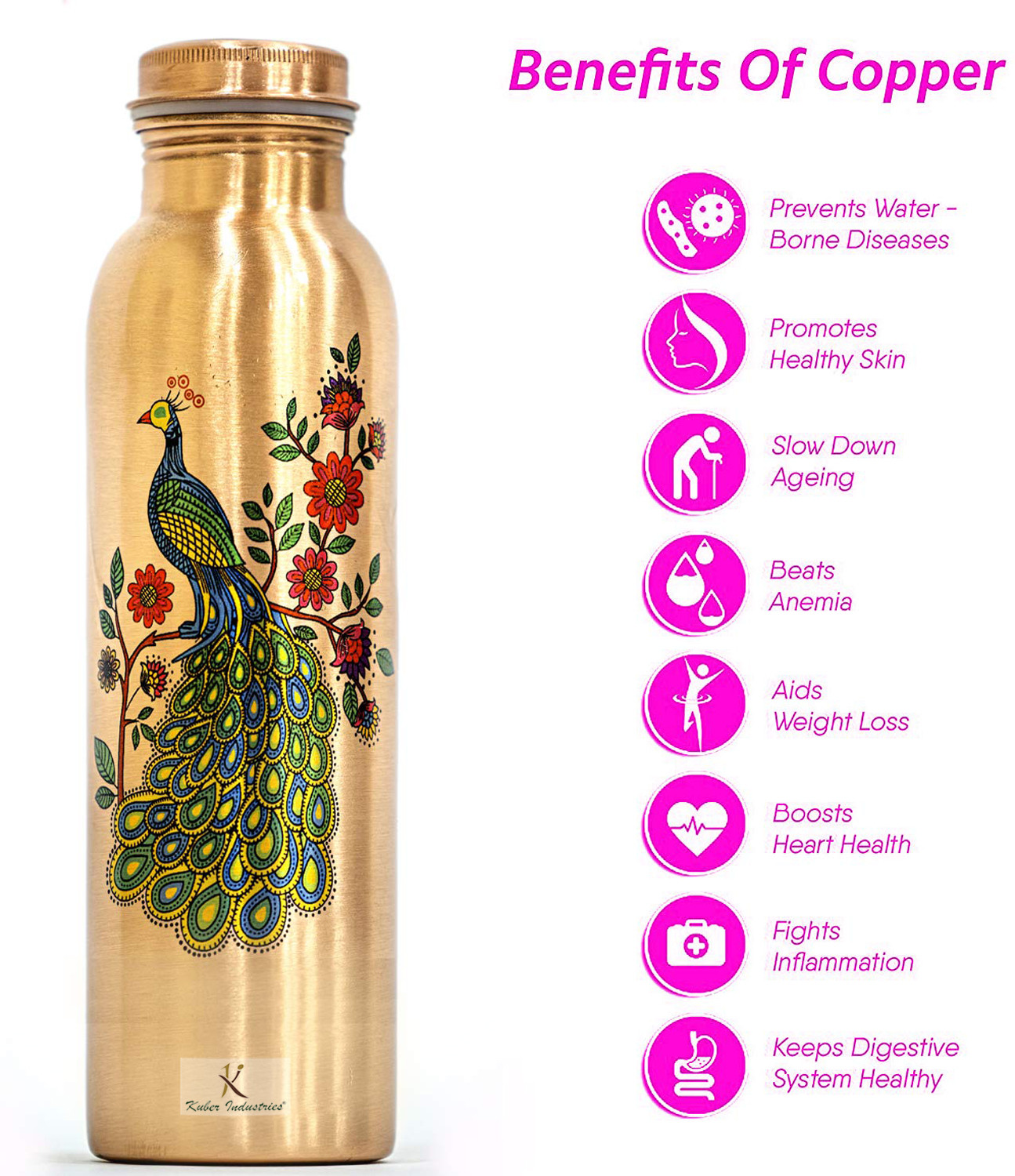 Kuber Industries Peacock Print Pure Copper Water Bottle,1Ltr (Brown)-KUBMRT11575