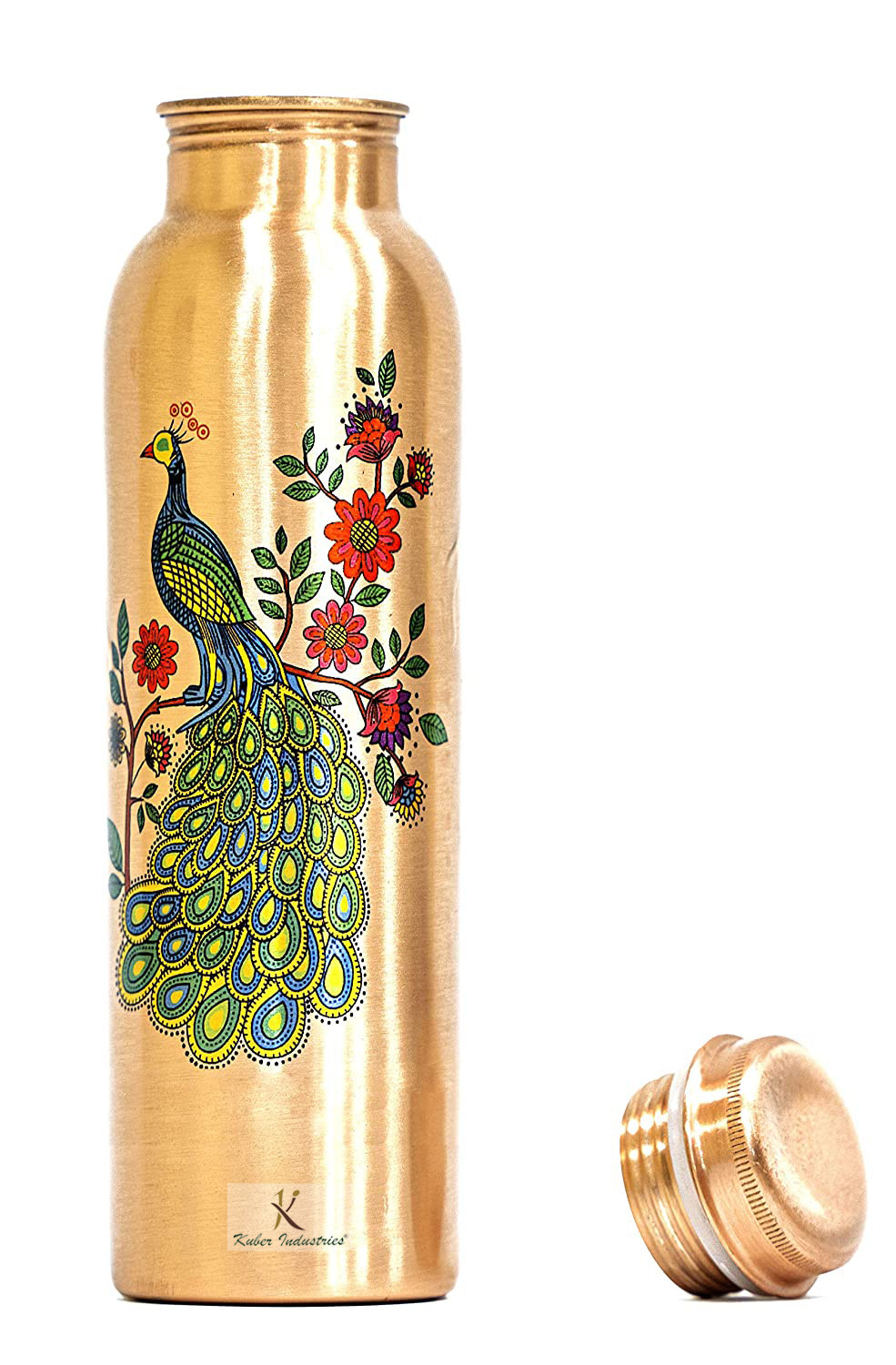 Kuber Industries Peacock Print Pure Copper Water Bottle,1Ltr (Brown)-KUBMRT11575