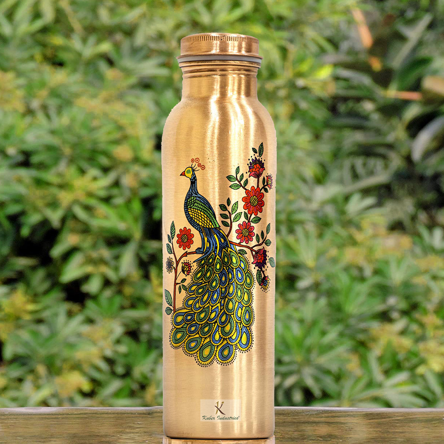 Kuber Industries Peacock Print Pure Copper Water Bottle,1Ltr (Brown)-KUBMRT11575