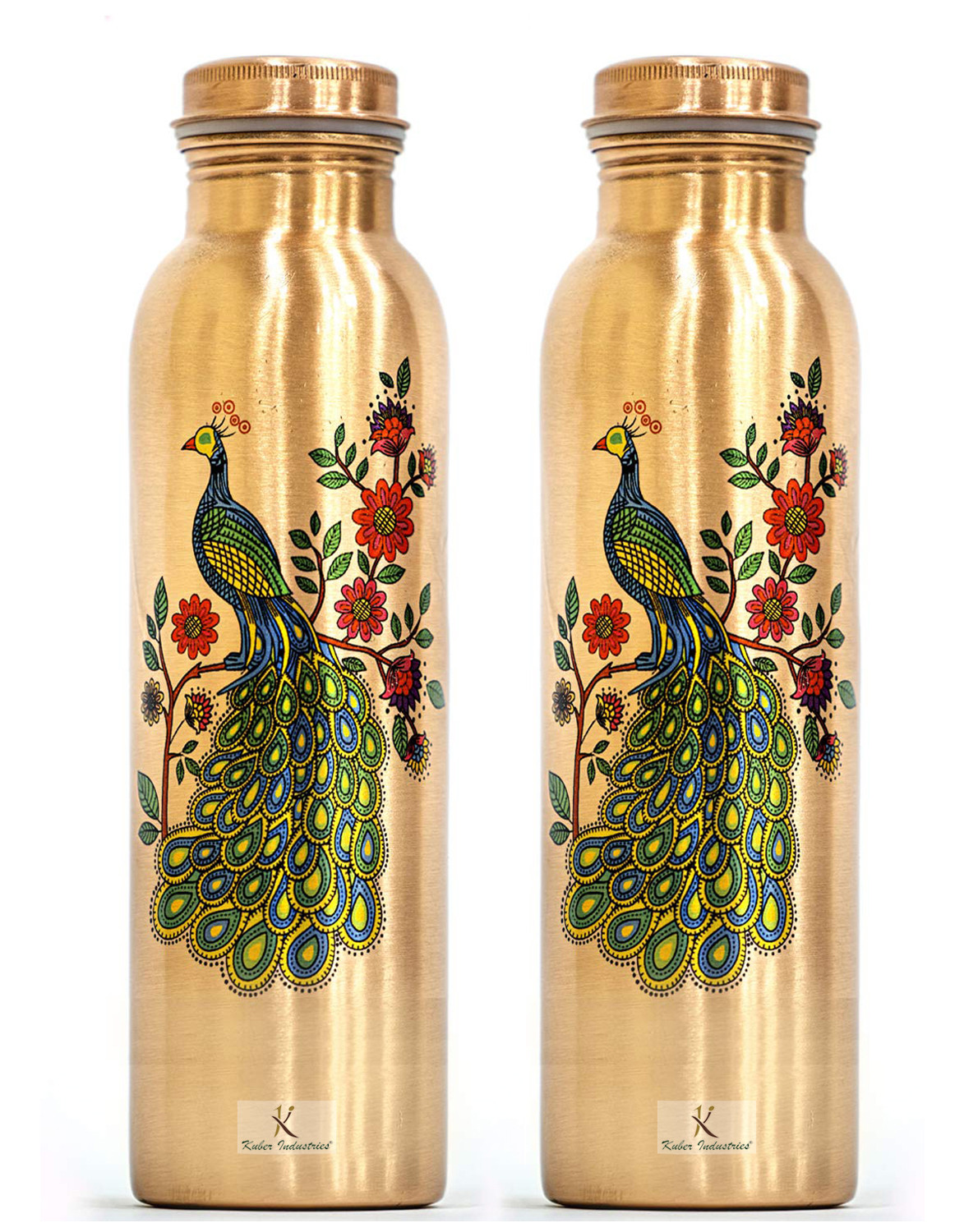 Kuber Industries Peacock Print Pure Copper Water Bottle,1Ltr (Brown)-KUBMRT11575
