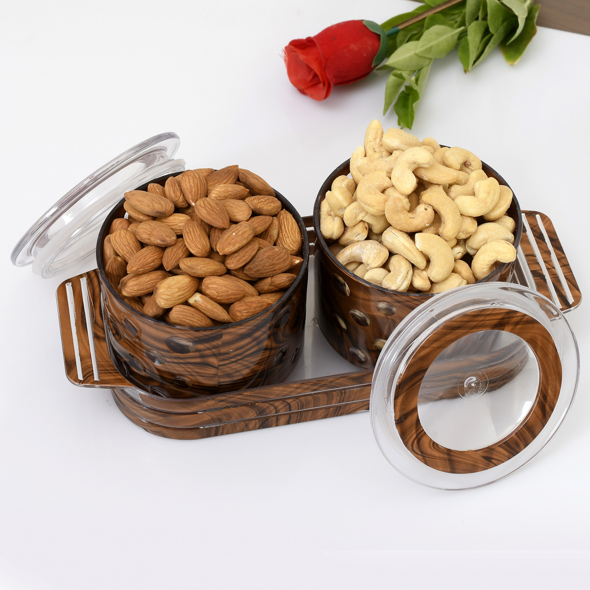 Kuber Industries Pearl Wooden Design Plastic Serving Tray with 2 Multipurpose Snacks/Dry Fruit Air Tight Bowls with Lids (Set Of 3,Brown)