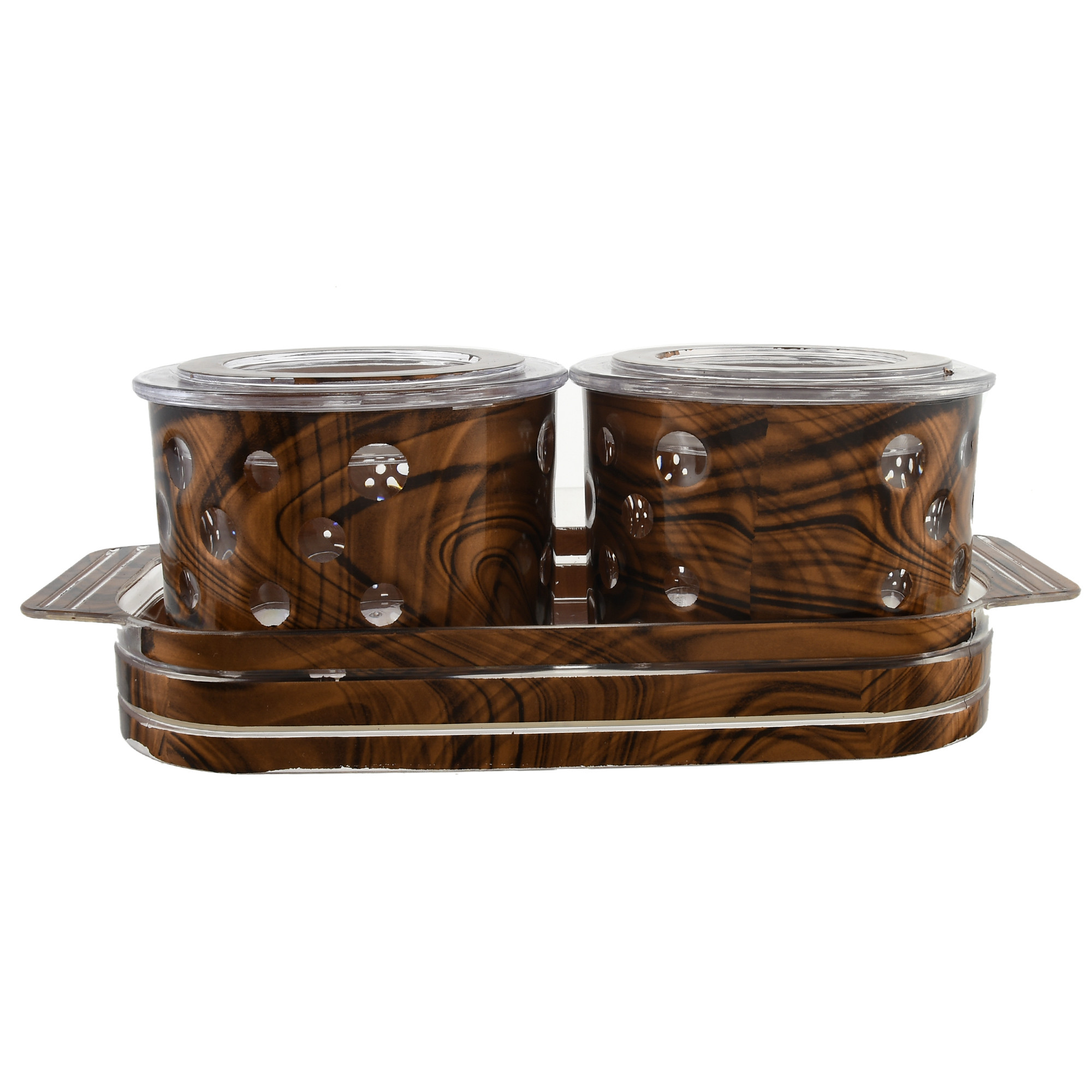 Kuber Industries Pearl Wooden Design Plastic Serving Tray with 2 Multipurpose Snacks/Dry Fruit Air Tight Bowls with Lids (Set Of 3,Brown)