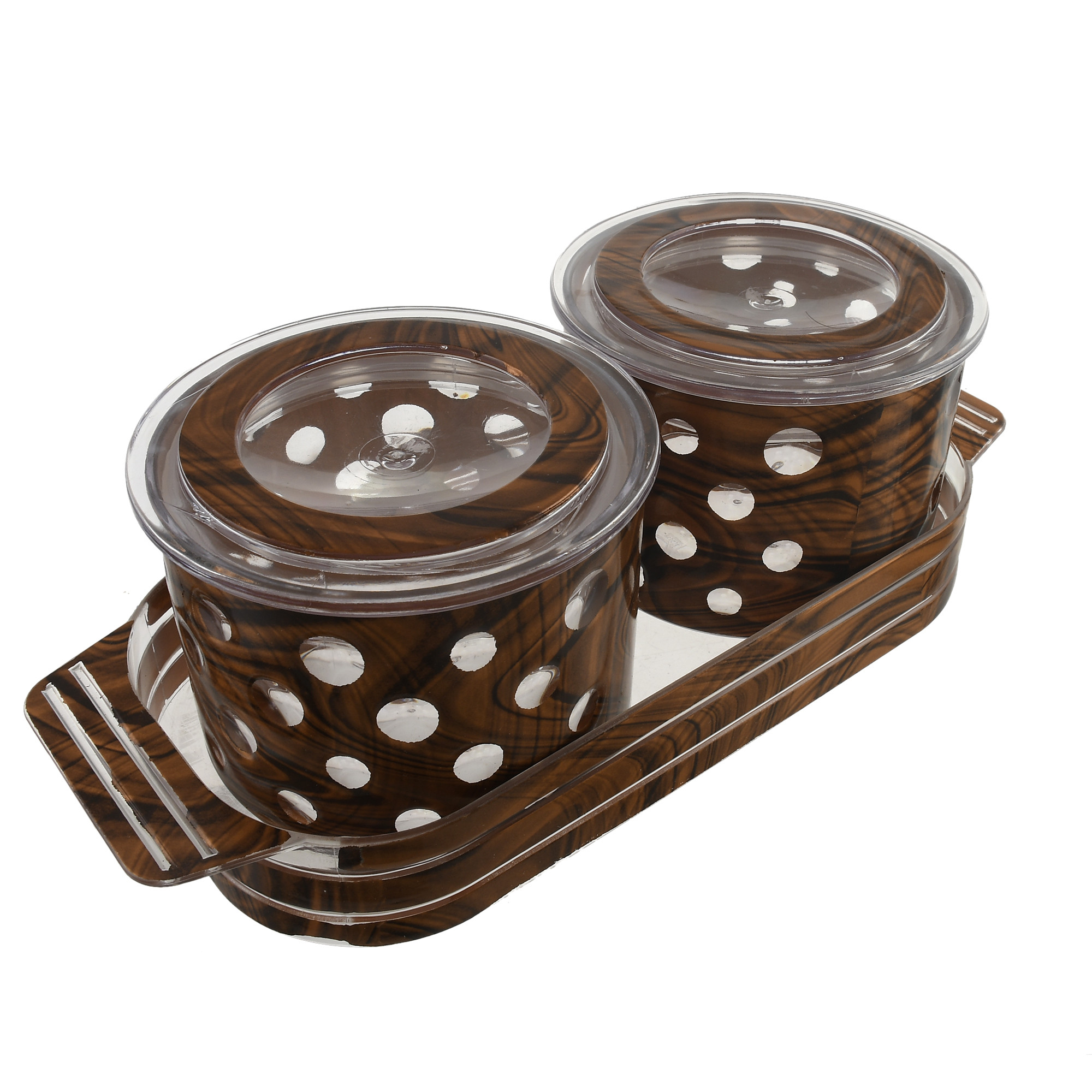 Kuber Industries Pearl Wooden Design Plastic Serving Tray with 2 Multipurpose Snacks/Dry Fruit Air Tight Bowls with Lids (Set Of 3,Brown)