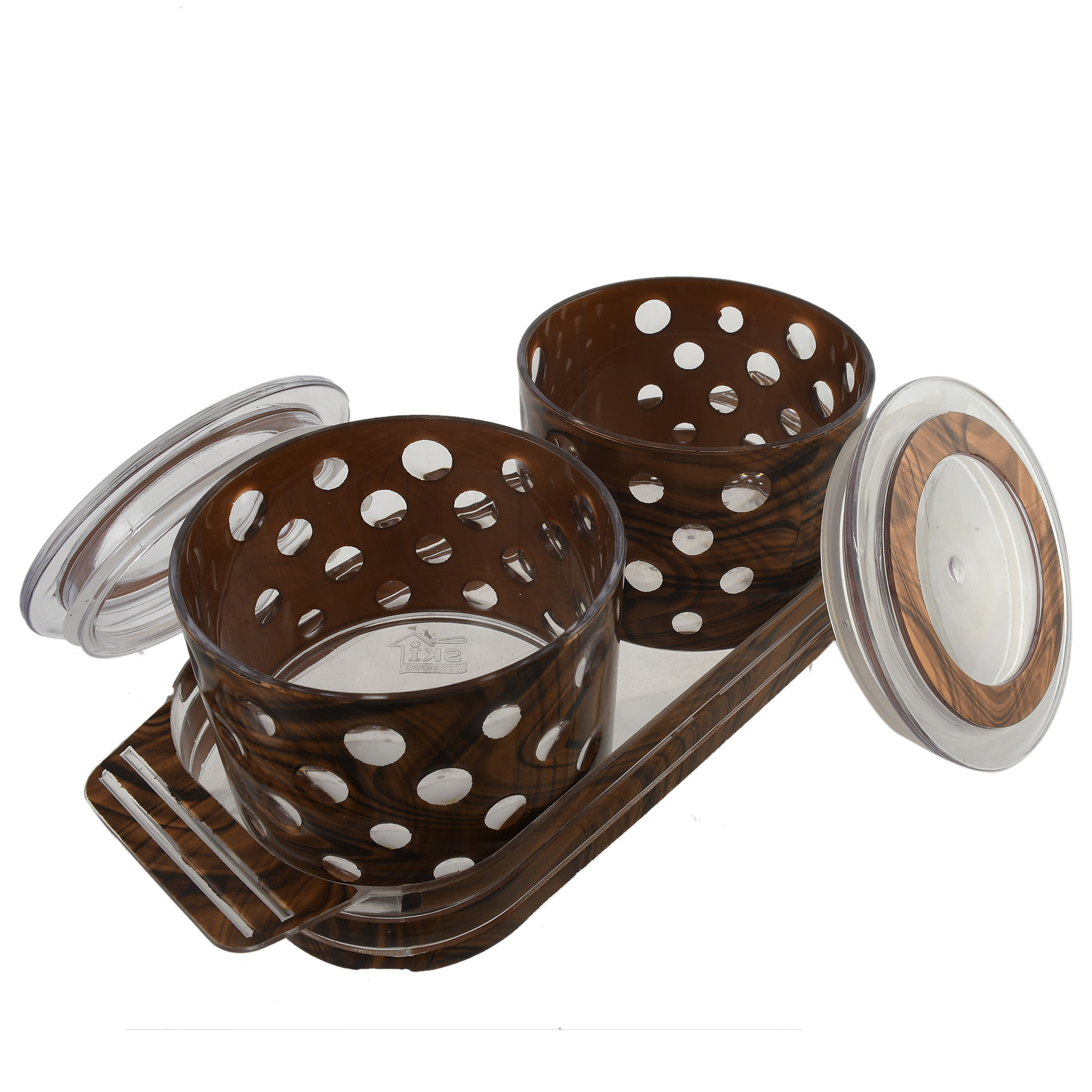 Kuber Industries Pearl Wooden Design Plastic Serving Tray with 2 Multipurpose Snacks/Dry Fruit Air Tight Bowls with Lids (Set Of 3,Brown)