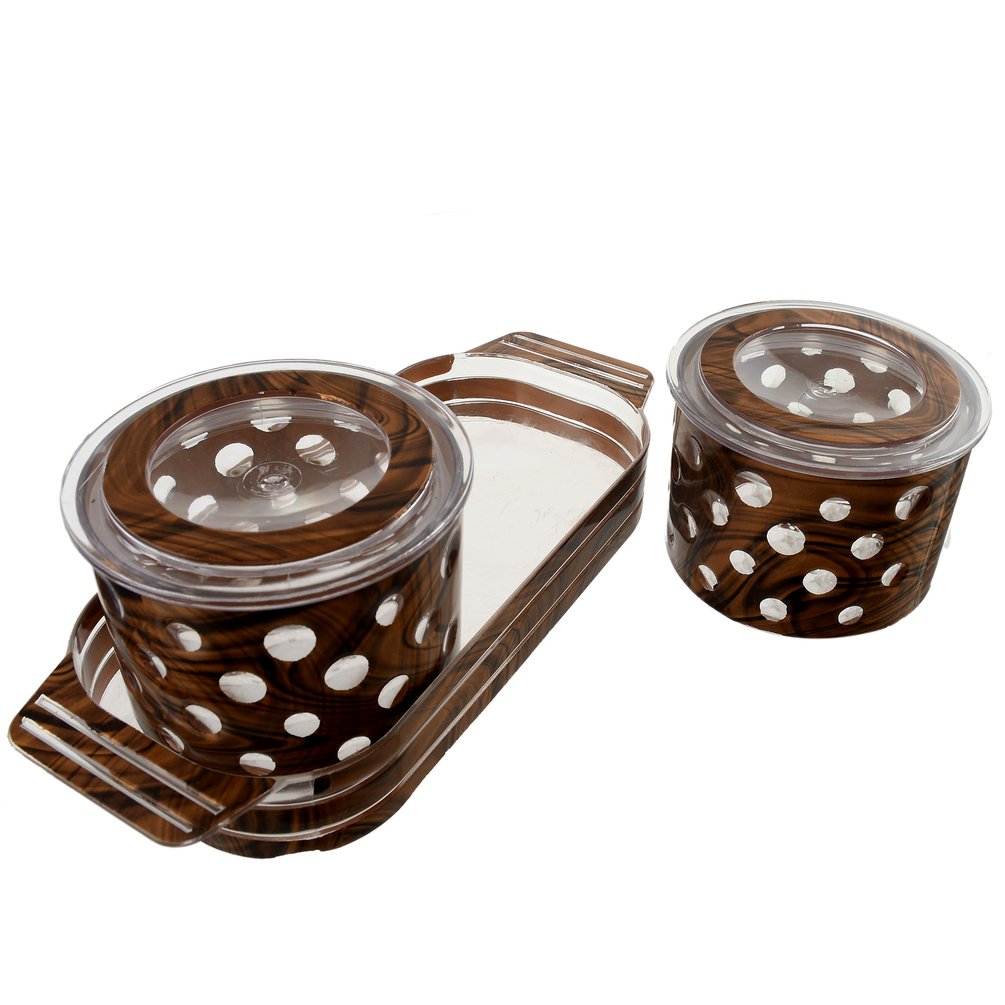Kuber Industries Pearl Wooden Design Plastic Serving Tray with 2 Multipurpose Snacks/Dry Fruit Air Tight Bowls with Lids (Set Of 3,Brown)