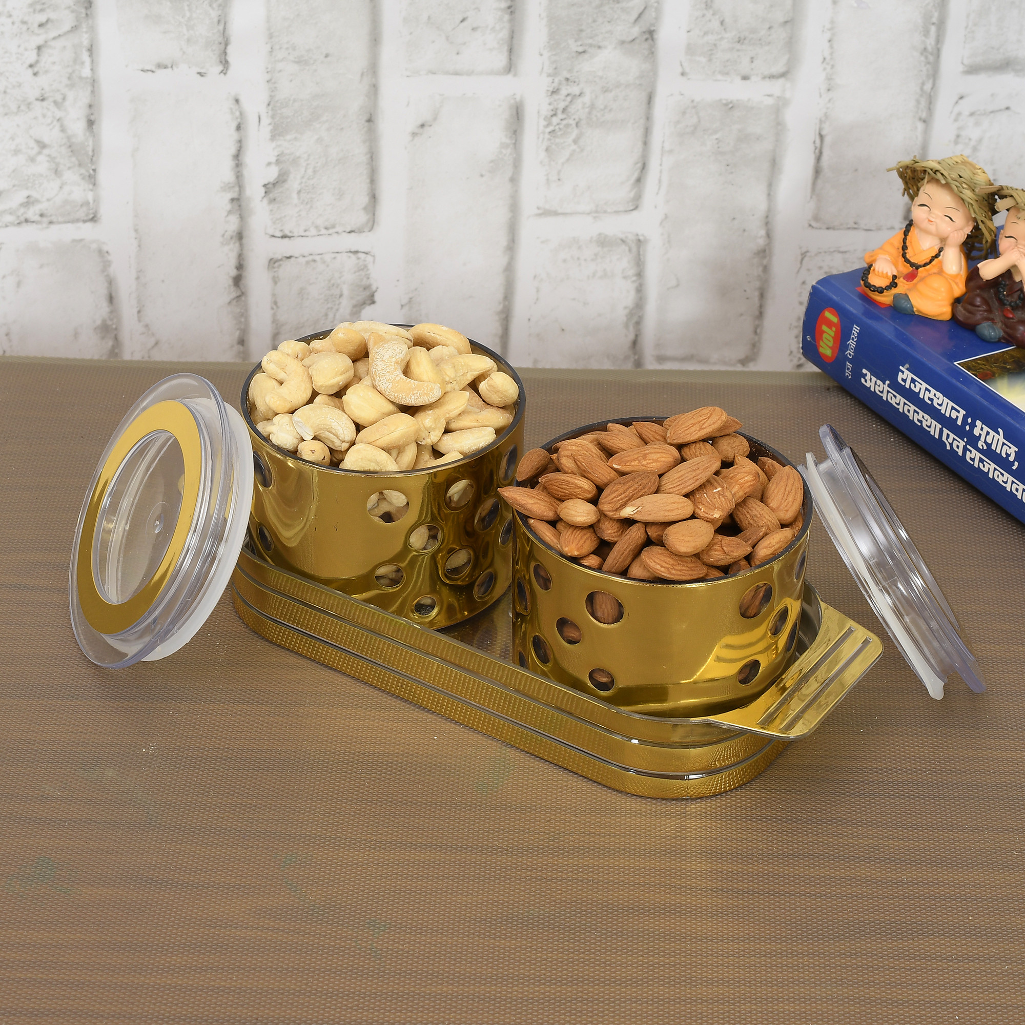 Kuber Industries Pearl Wooden Design Plastic Serving Tray with 2 Multipurpose Snacks/Dry Fruit Air Tight Bowls with Lids (Set Of 3,Gold)