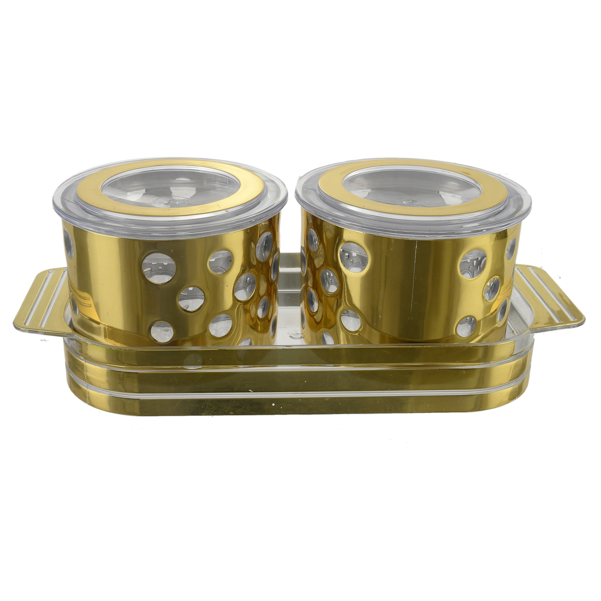 Kuber Industries Pearl Wooden Design Plastic Serving Tray with 2 Multipurpose Snacks/Dry Fruit Air Tight Bowls with Lids (Set Of 3,Gold)