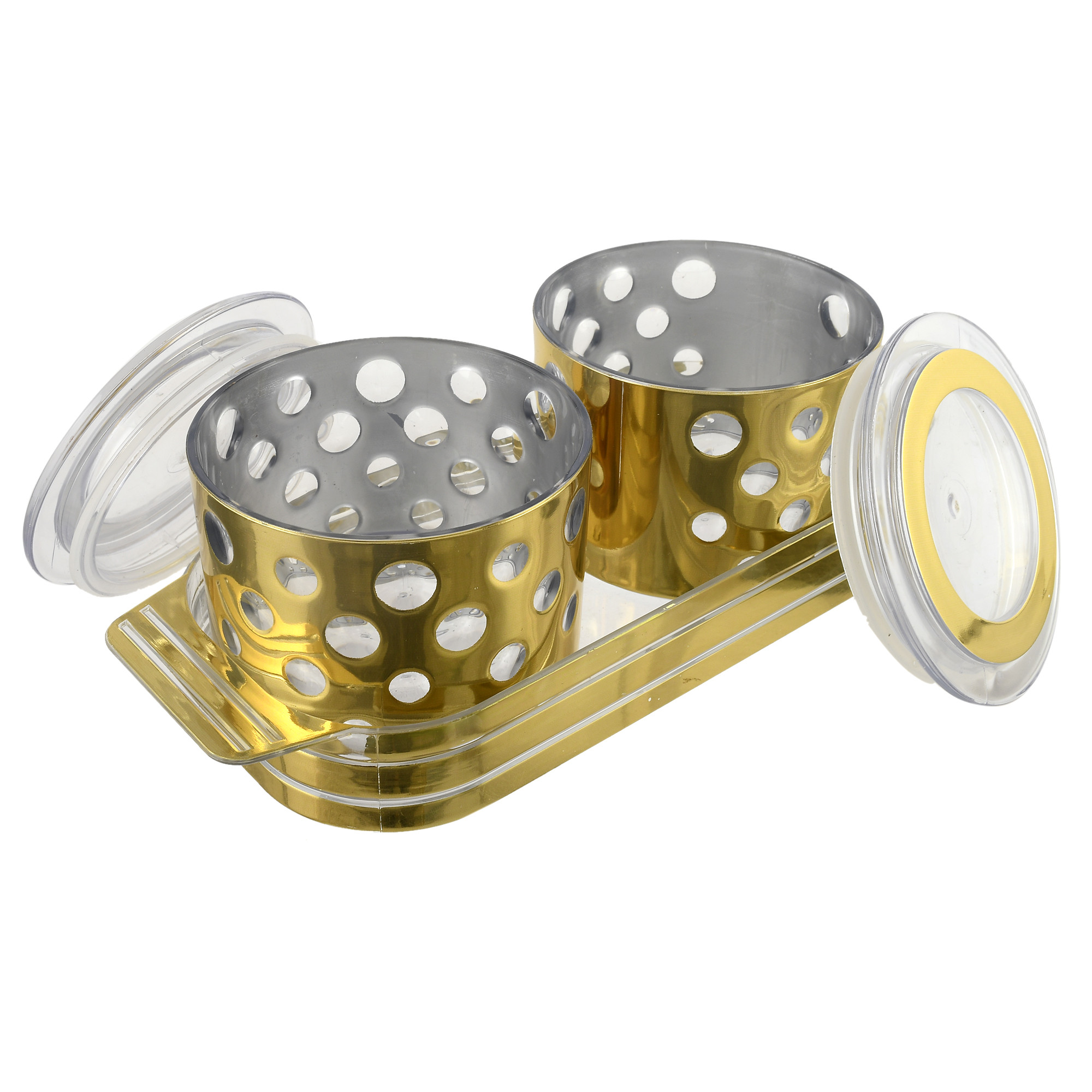 Kuber Industries Pearl Wooden Design Plastic Serving Tray with 2 Multipurpose Snacks/Dry Fruit Air Tight Bowls with Lids (Set Of 3,Gold)