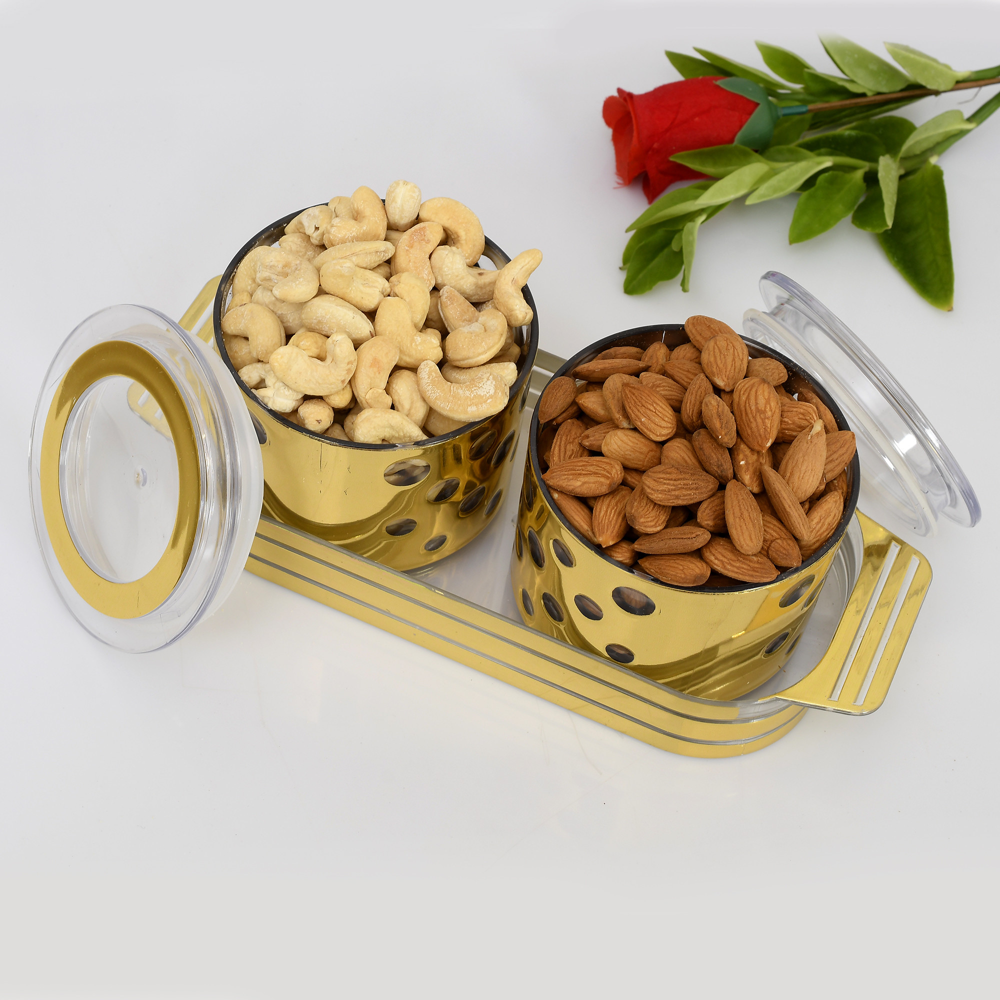 Kuber Industries Pearl Wooden Design Plastic Serving Tray with 2 Multipurpose Snacks/Dry Fruit Air Tight Bowls with Lids (Set Of 3,Gold)
