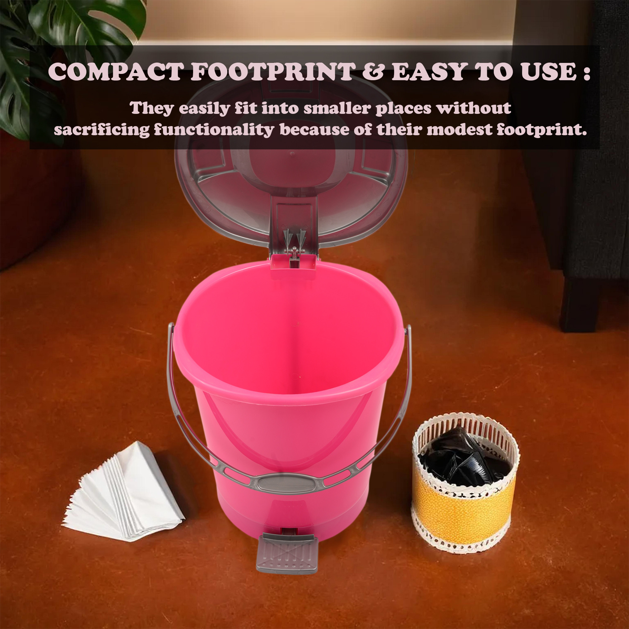 Kuber Industries Pedal Dustbin  10 Liter  Dustbin with Lid  Garbage Waste Bin with Handle  Dustbin for Kitchen-Bathroom  Wet  Dry Waste Bin  Grey Check Dhakan Trash Can  Pink