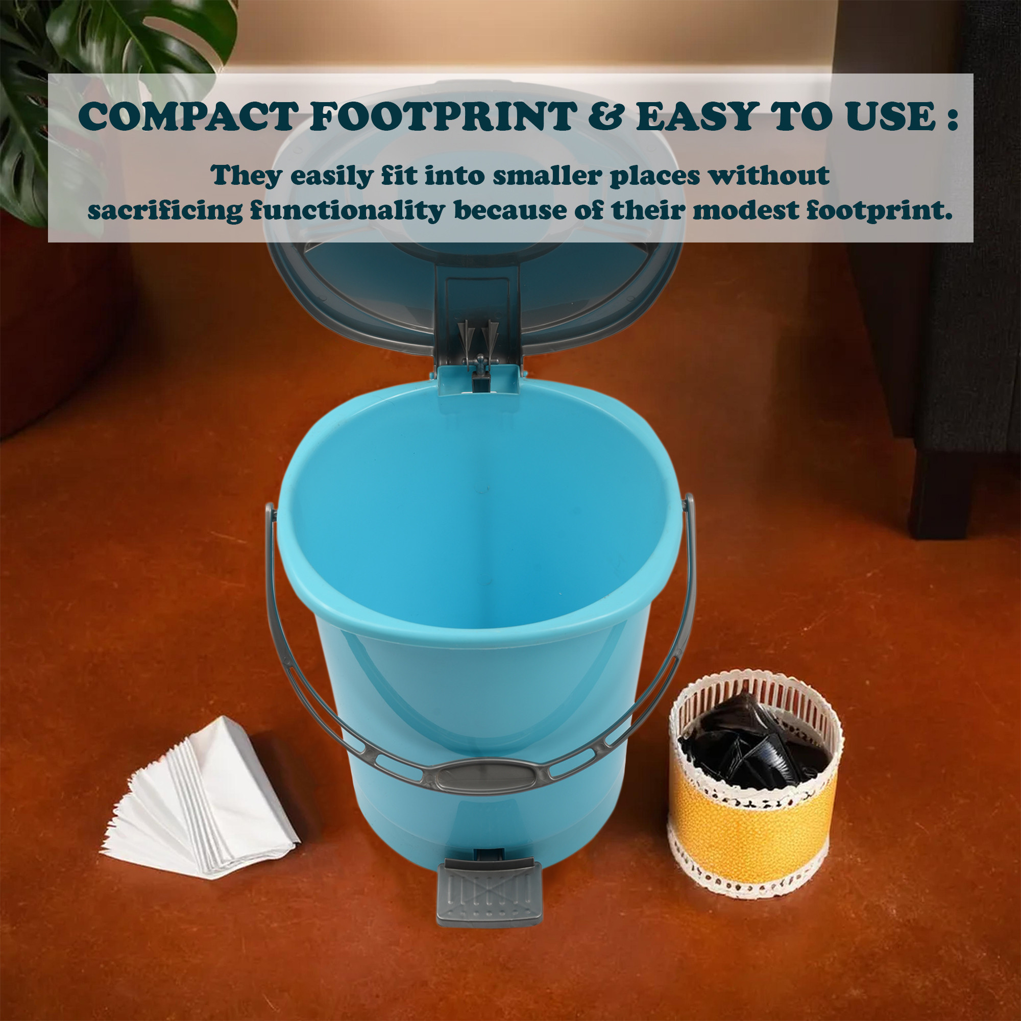 Kuber Industries Pedal Dustbin  10 Liter  Dustbin with Lid  Garbage Waste Bin with Handle  Dustbin for Kitchen-Bathroom  Wet  Dry Waste Bin  Grey Check Dhakan Trash Can  Sky Blue