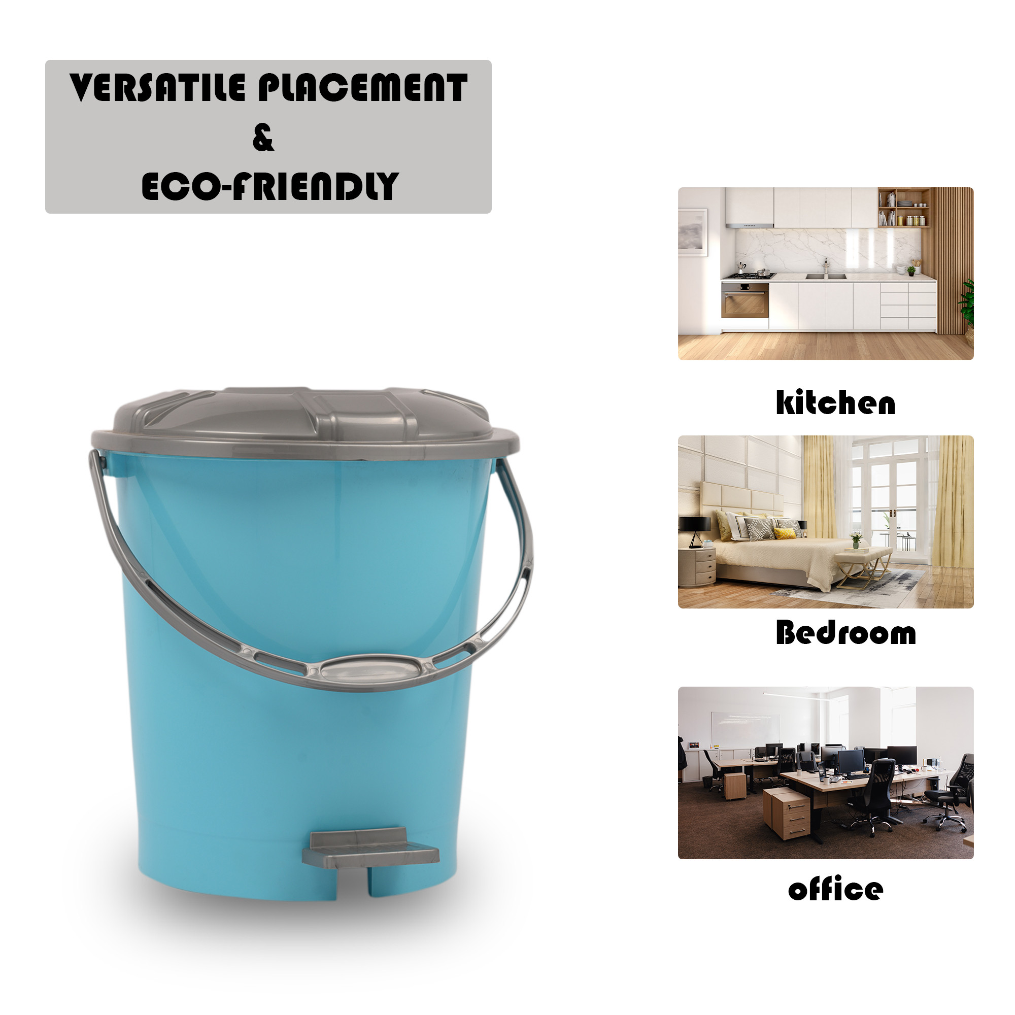 Kuber Industries Pedal Dustbin  10 Liter  Dustbin with Lid  Garbage Waste Bin with Handle  Dustbin for Kitchen-Bathroom  Wet  Dry Waste Bin  Grey Check Dhakan Trash Can  Sky Blue