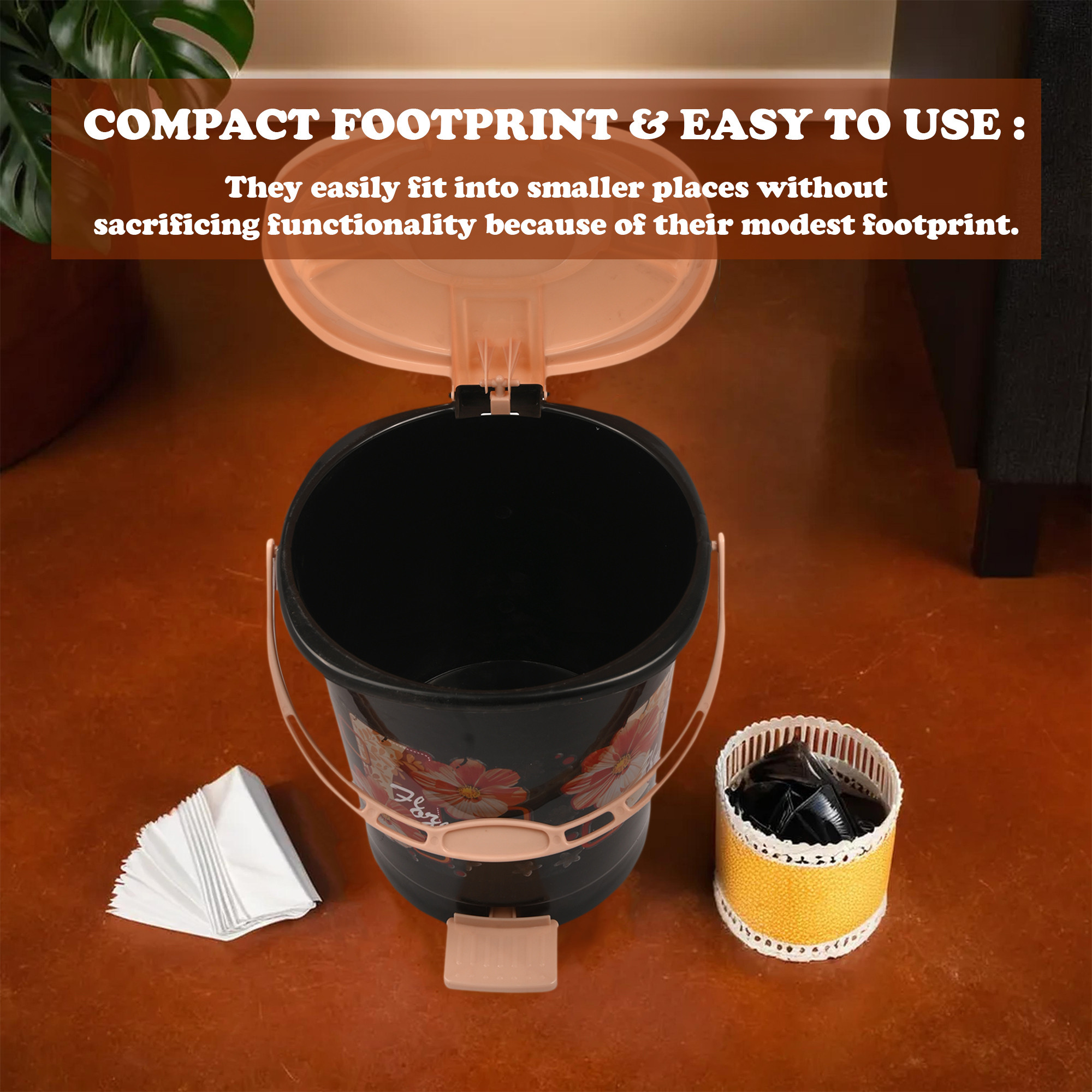 Kuber Industries Pedal Dustbin  10 Liter  Dustbin with Lid  Garbage Waste Bin with Handle  Dustbin for Kitchen-Bathroom  Wet  Dry Waste Bin  Cream Check Dhakan Trash Can  Black