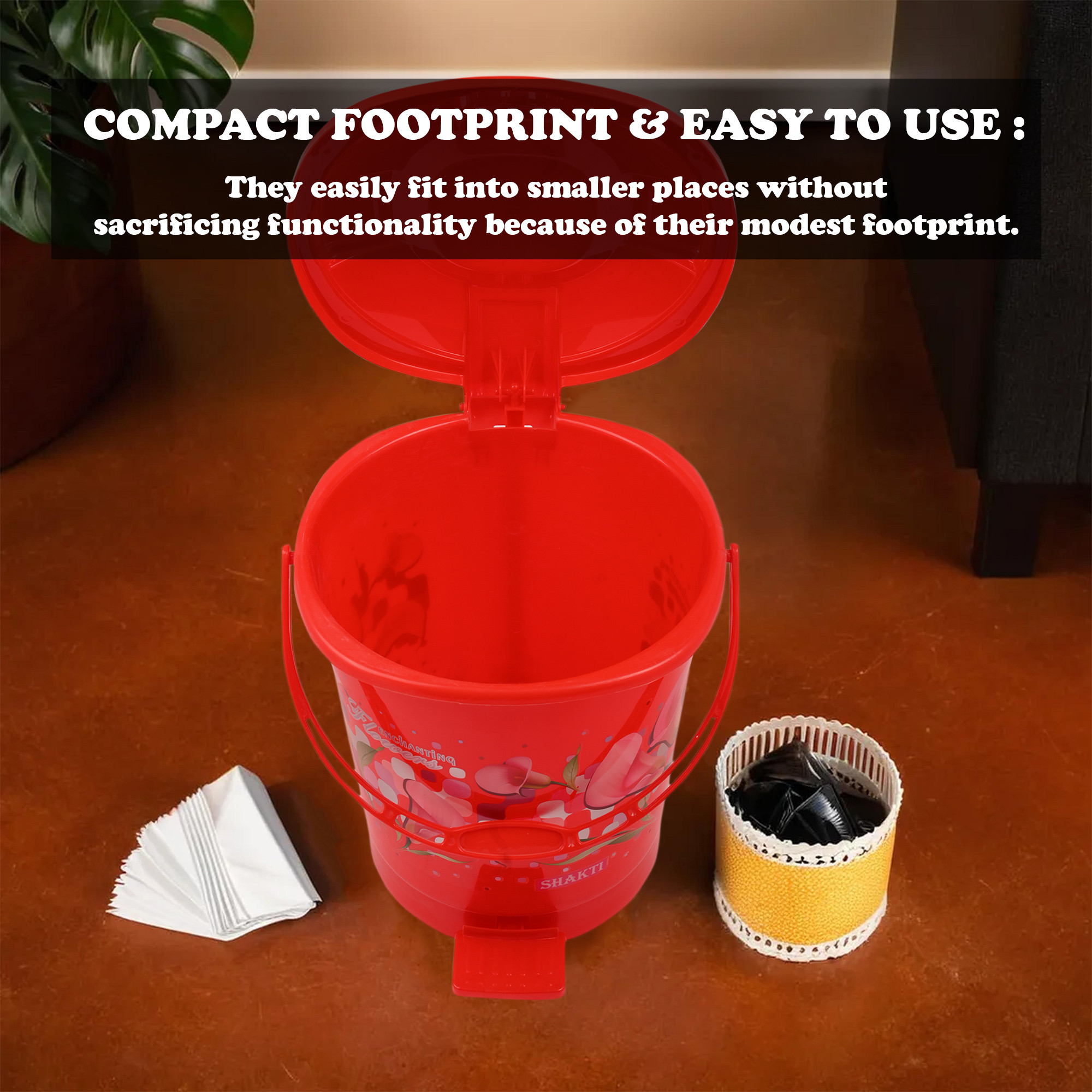 Kuber Industries Pedal Dustbin  10 Liter  Dustbin with Lid  Garbage Waste Bin with Handle  Dustbin for Kitchen-Bathroom  Wet  Dry Waste Bin  Printed Check Dhakan Trash Can  Red