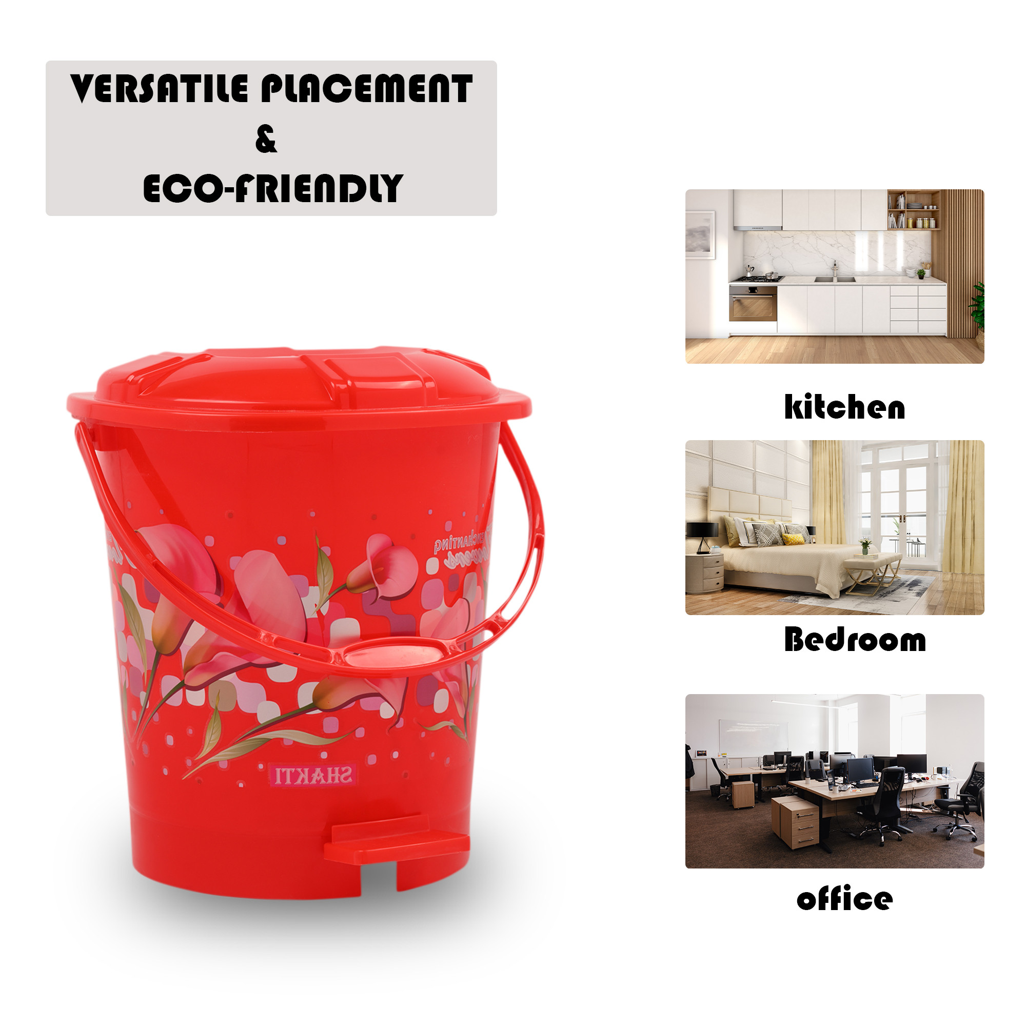 Kuber Industries Pedal Dustbin  10 Liter  Dustbin with Lid  Garbage Waste Bin with Handle  Dustbin for Kitchen-Bathroom  Wet  Dry Waste Bin  Printed Check Dhakan Trash Can  Red