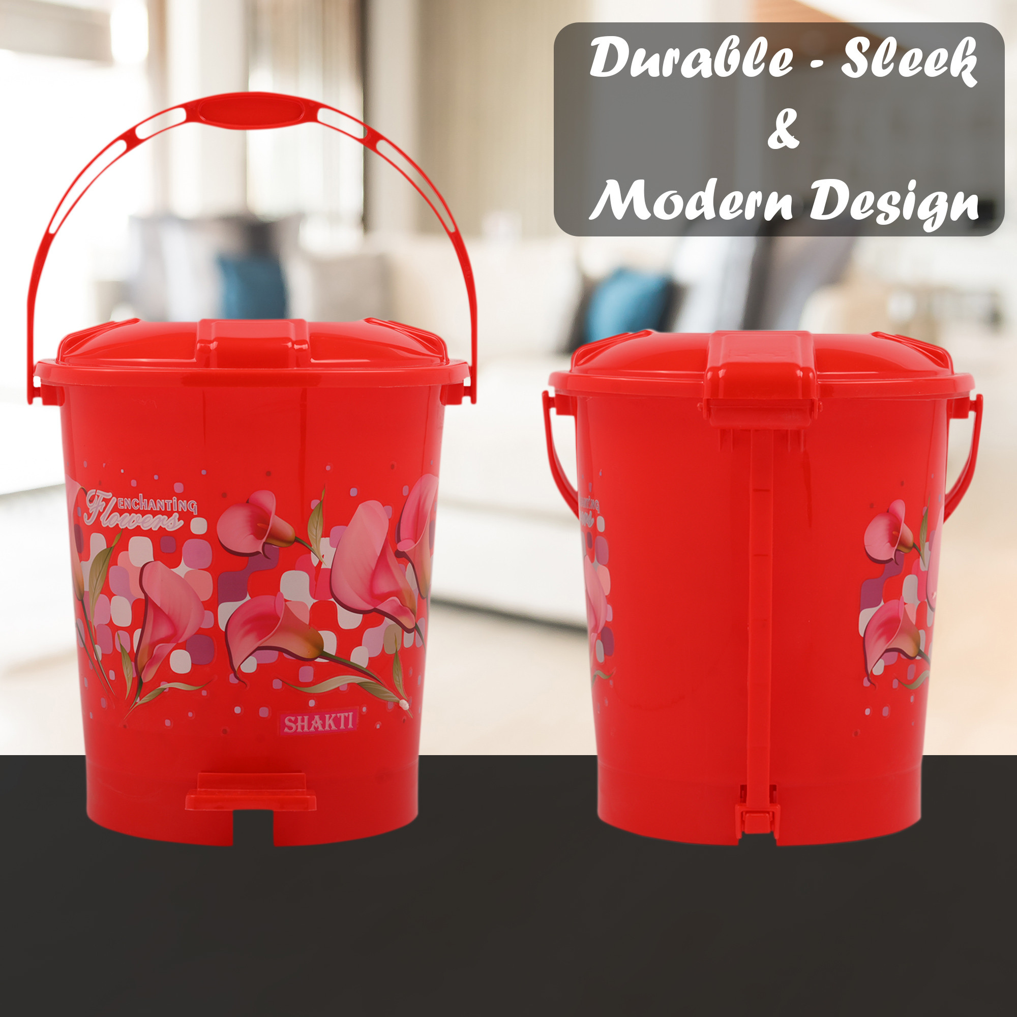 Kuber Industries Pedal Dustbin  10 Liter  Dustbin with Lid  Garbage Waste Bin with Handle  Dustbin for Kitchen-Bathroom  Wet  Dry Waste Bin  Printed Check Dhakan Trash Can  Red