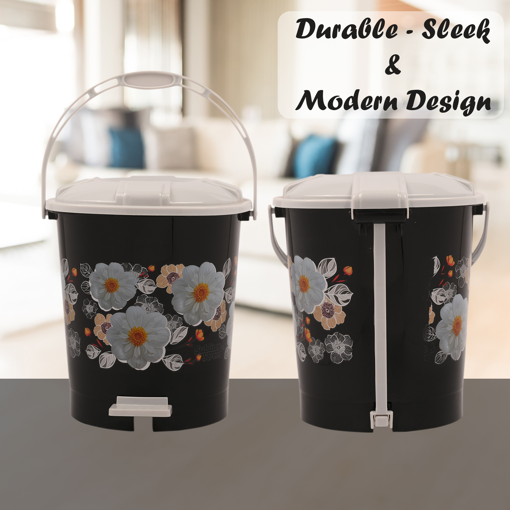 Kuber Industries Pedal Dustbin  10 Liter  Dustbin with Lid  Garbage Waste Bin with Handle  Dustbin for Kitchen-Bathroom  Wet  Dry Waste Bin  White Check Dhakan Trash Can  Black