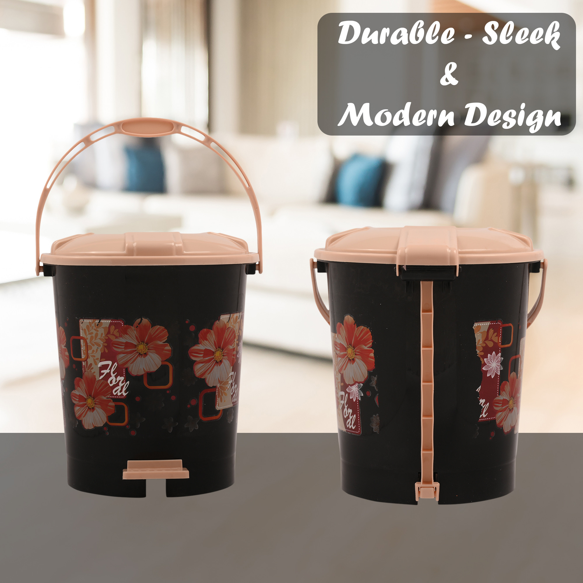 Kuber Industries Pedal Dustbin  10 Liter  Dustbin with Lid  Garbage Waste Bin with Handle  Dustbin for Kitchen-Bathroom  Wet  Dry Waste Bin  Cream Check Dhakan Trash Can  Black