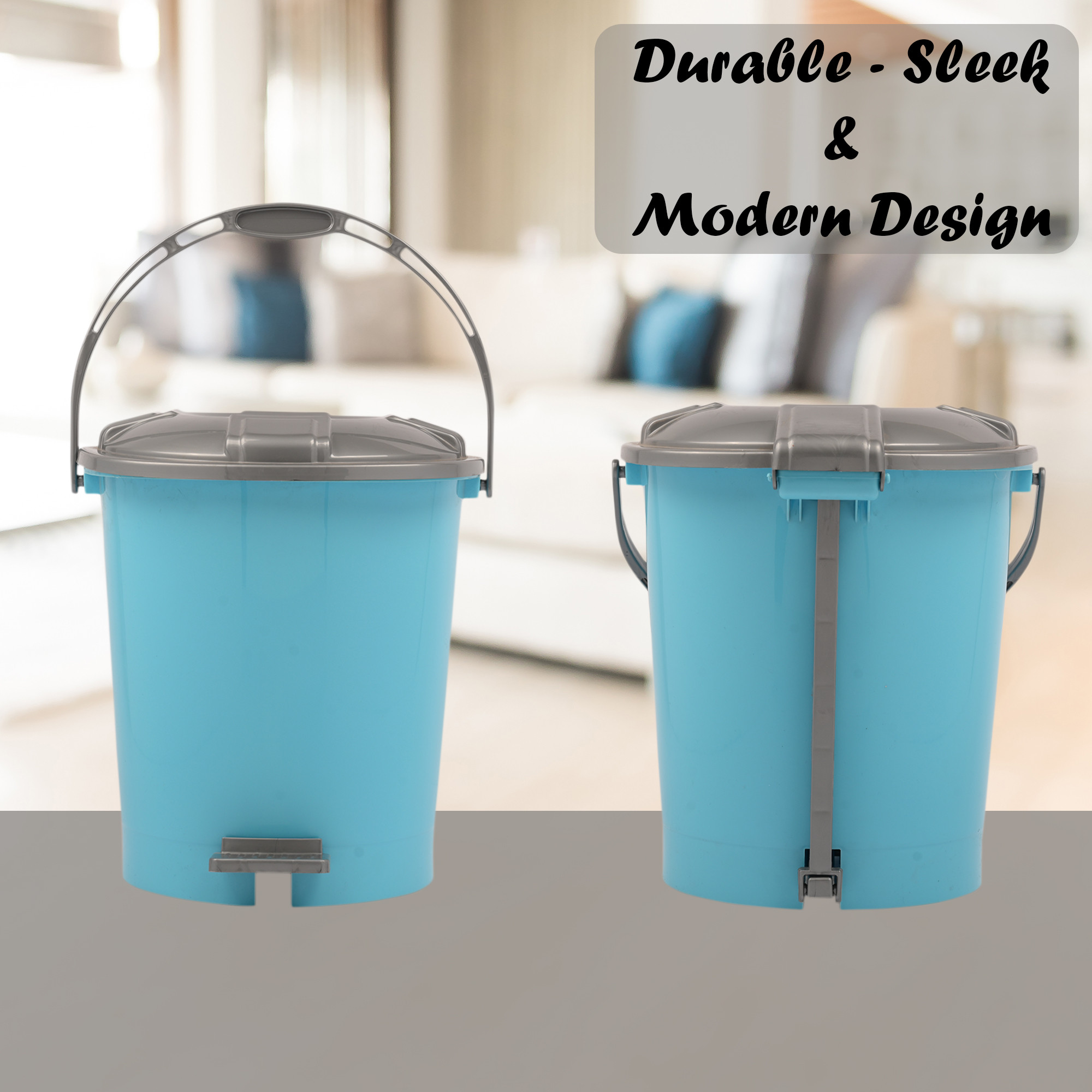 Kuber Industries Pedal Dustbin  10 Liter  Dustbin with Lid  Garbage Waste Bin with Handle  Dustbin for Kitchen-Bathroom  Wet  Dry Waste Bin  Grey Check Dhakan Trash Can  Sky Blue