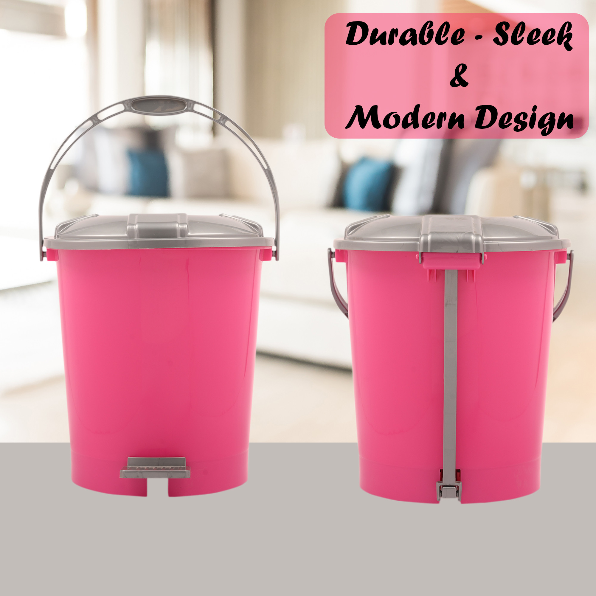 Kuber Industries Pedal Dustbin  10 Liter  Dustbin with Lid  Garbage Waste Bin with Handle  Dustbin for Kitchen-Bathroom  Wet  Dry Waste Bin  Grey Check Dhakan Trash Can  Pink
