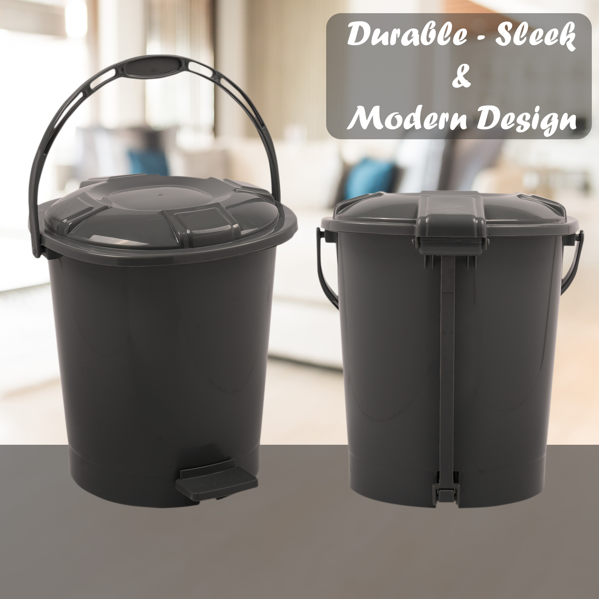 Kuber Industries Pedal Dustbin  10 Liter  Dustbin with Lid  Garbage Waste Bin with Handle  Dustbin for Kitchen-Bathroom  Wet  Dry Waste Bin  505 Check Dhakan Trash Can  Grey