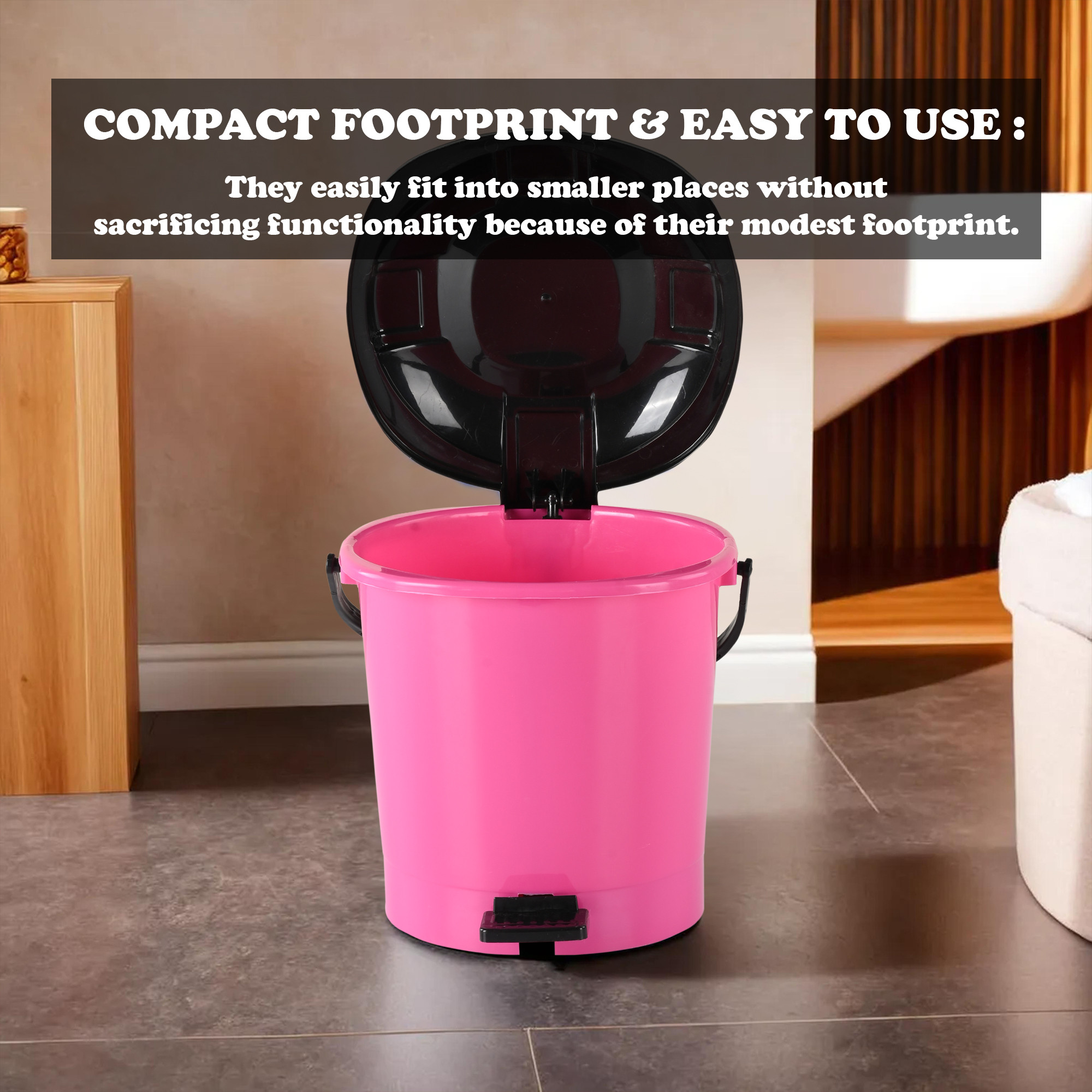 Kuber Industries Pedal Dustbin  7 LTR  Dustbin with Lid  Garbage Bin with Handle  Dustbin for Kitchen Bathroom office  Wet  Dry Waste Bin  Black Dhakkan Trash Can  Deep Pink