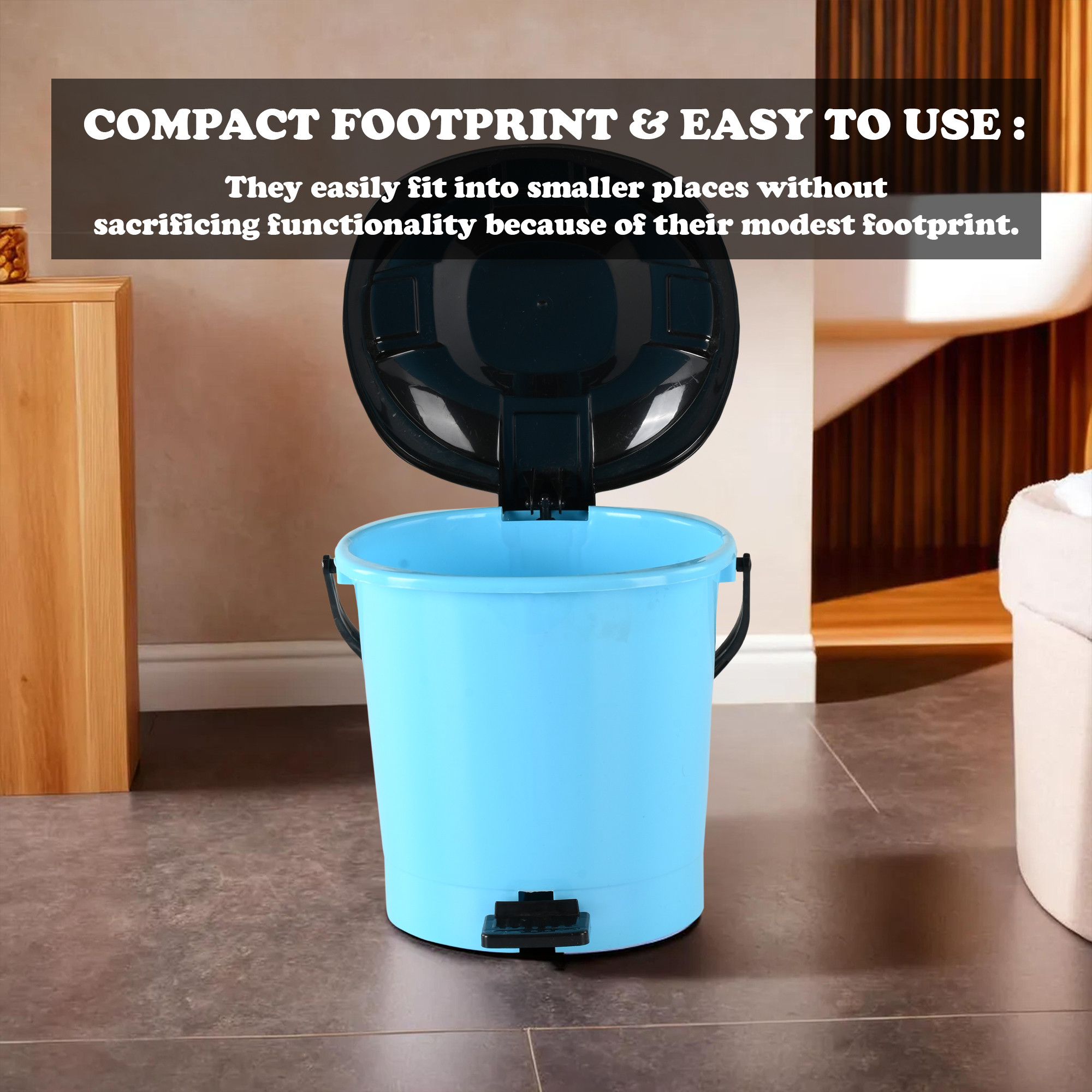 Kuber Industries Pedal Dustbin  7 LTR  Dustbin with Lid  Garbage Bin with Handle  Dustbin for Kitchen Bathroom office  Wet  Dry Waste Bin  Black Dhakkan Trash Can  Aqua Blue