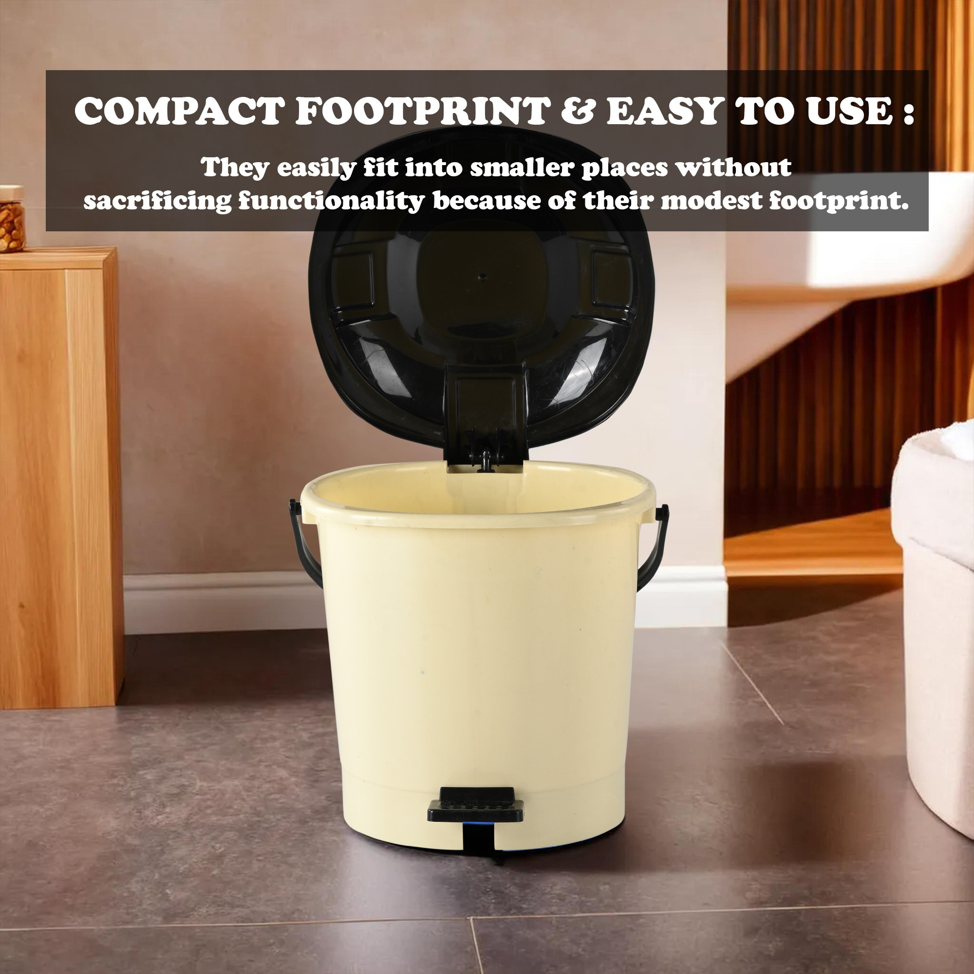 Kuber Industries Pedal Dustbin  7 LTR  Dustbin with Lid  Garbage Bin with Handle  Dustbin for Kitchen  Dustbin for Bathroom  Wet  Dry Waste Bin  Black Dhakkan Trash Can  Cream