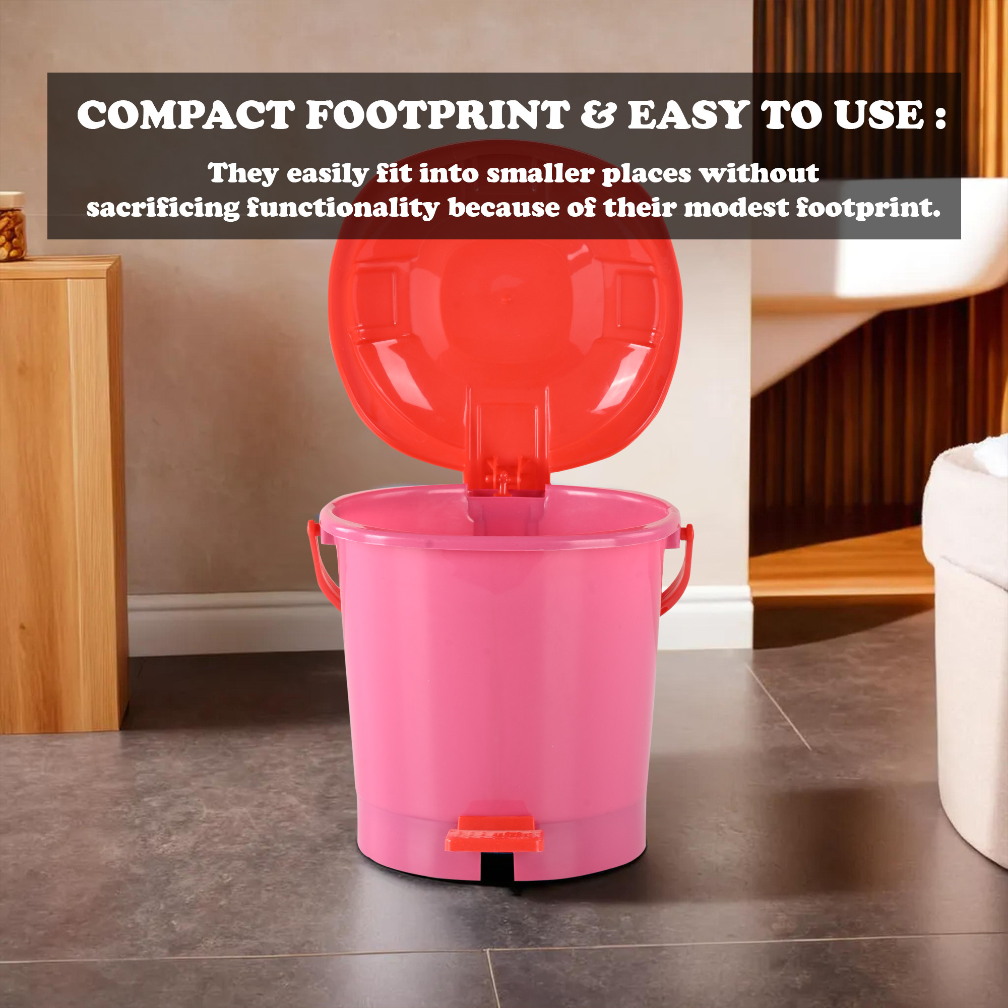 Kuber Industries Pedal Dustbin  7 LTR  Dustbin with Lid  Garbage Bin with Handle  Dustbin for Kitchen  Dustbin for Bathroom  Wet  Dry Waste Bin  Red Dhakkan Trash Can  Pink