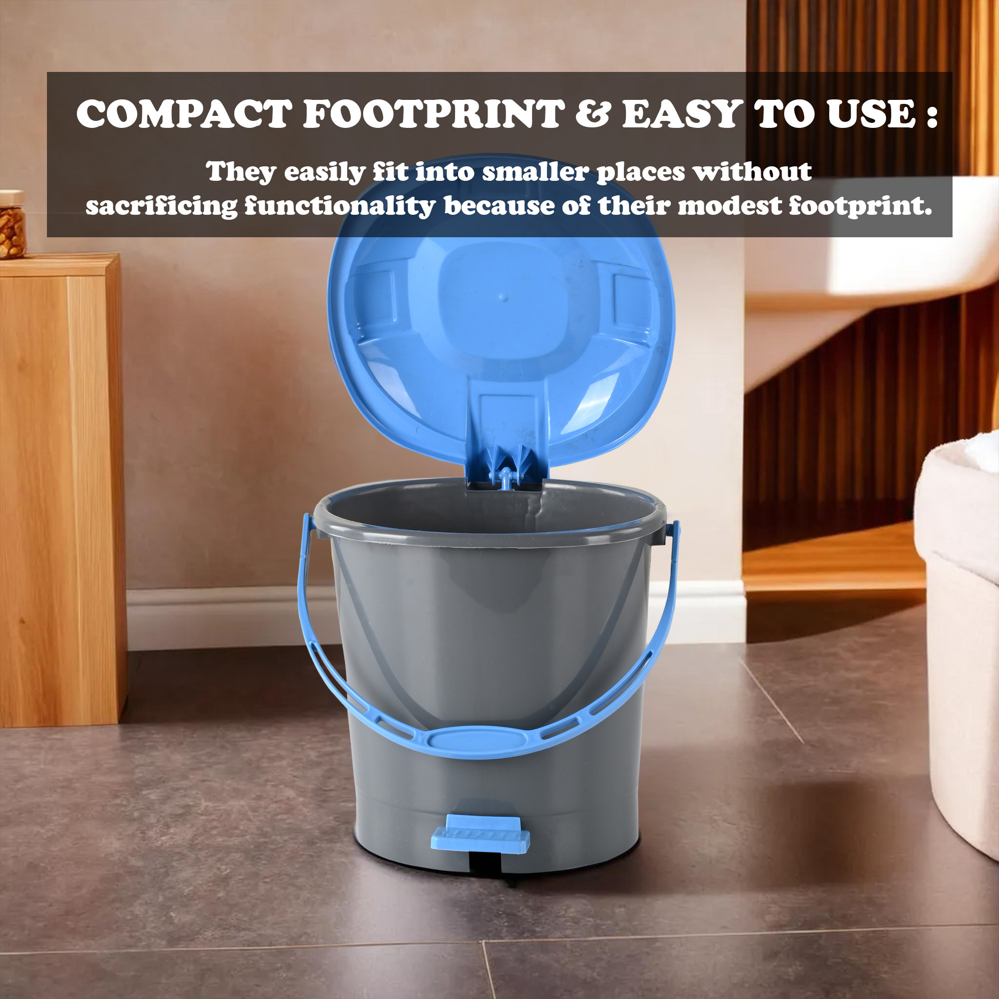 Kuber Industries Pedal Dustbin  7 LTR  Dustbin with Lid  Garbage Bin with Handle  Dustbin for Kitchen  Dustbin for Bathroom  Wet  Dry Waste Bin  Blue Dhakkan Trash Can  Grey