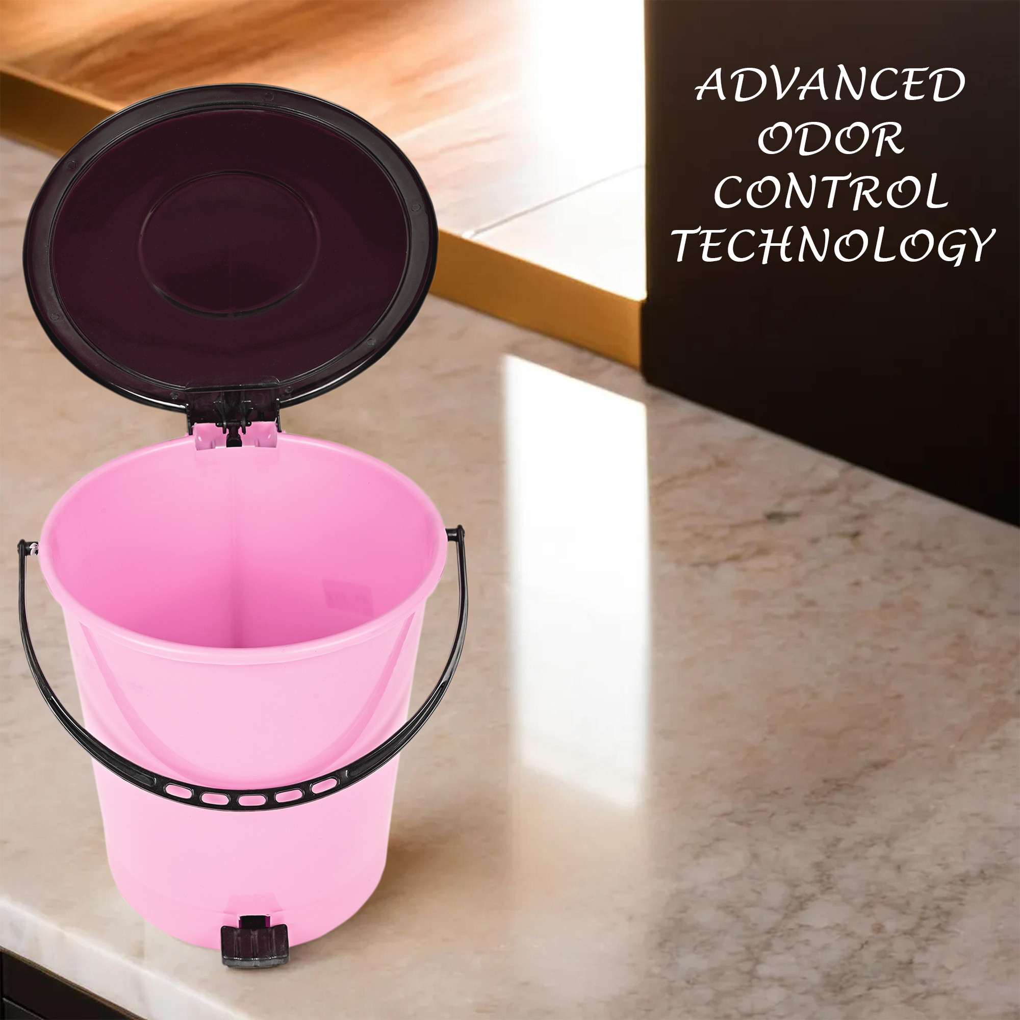 Kuber Industries Pedal Dustbin  Dustbin with Lid  Garbage Bin with Handle  Dustbin for Kitchen-Bathroom  Wet  Dry Waste Bin  Black Dhakkan Trash Can  10 LTR  Pink