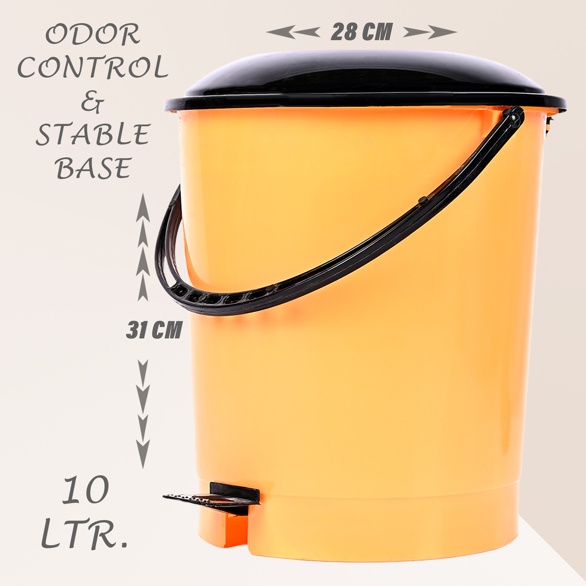 Kuber Industries Pedal Dustbin | Dustbin with Lid | Garbage Bin with Handle | Dustbin for Kitchen-Bathroom | Wet & Dry Waste Bin | Black Dhakkan Trash Can | 10 LTR | Orange