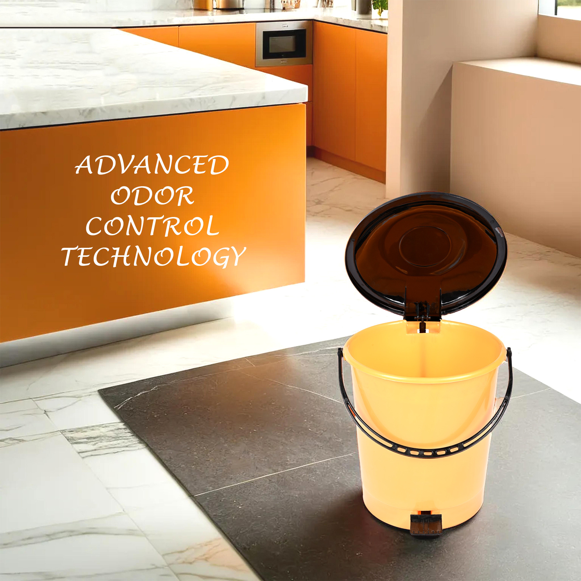 Kuber Industries Pedal Dustbin | Dustbin with Lid | Garbage Bin with Handle | Dustbin for Kitchen-Bathroom | Wet & Dry Waste Bin | Black Dhakkan Trash Can | 10 LTR | Orange & White