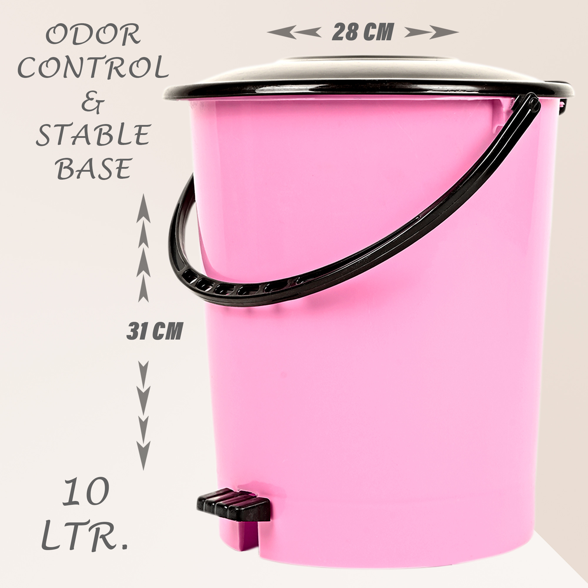 Kuber Industries Pedal Dustbin | Dustbin with Lid | Garbage Bin with Handle | Dustbin for Kitchen-Bathroom | Wet & Dry Waste Bin | Black Dhakkan Trash Can | 10 LTR | Pink