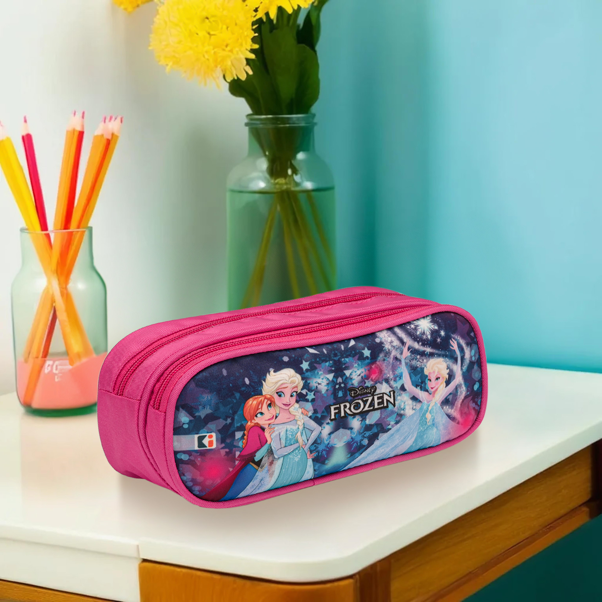 Kuber Industries Pencil Pouch  Multi-Purpose Travel Pouch  2 Compartments Utility Pouch  Waterproof Stationary Bag  Geometry Box  Disney Frozen Fun  Blue  Pink