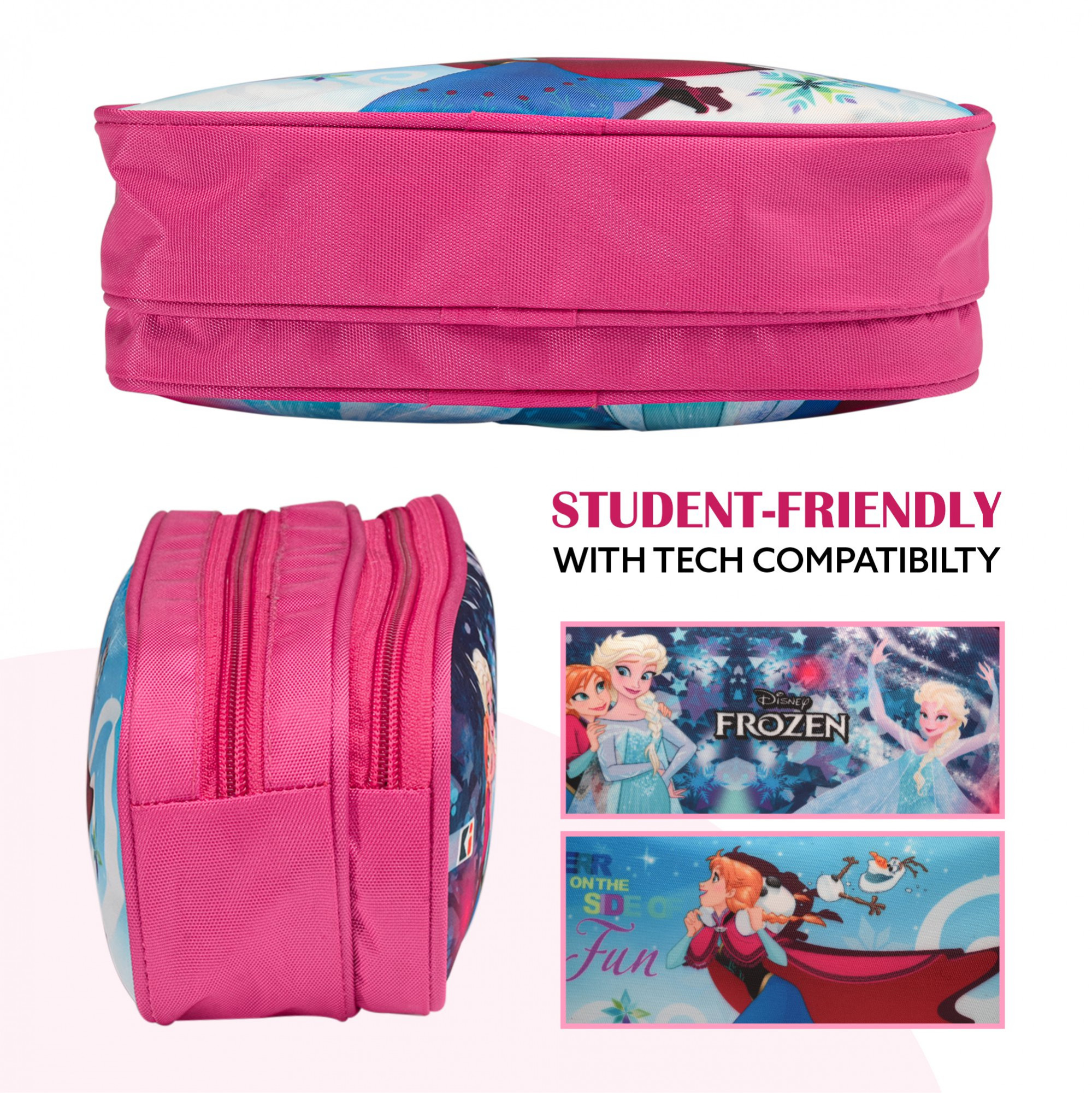 Kuber Industries Pencil Pouch  Multi-Purpose Travel Pouch  2 Compartments Utility Pouch  Waterproof Stationary Bag  Geometry Box  Disney Frozen Fun  Blue  Pink