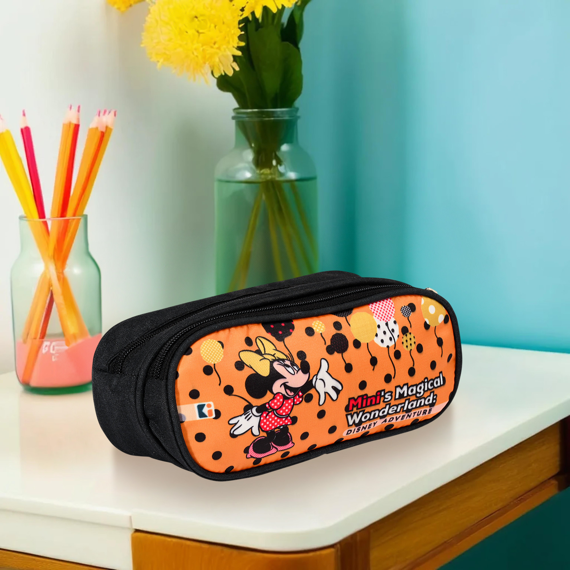 Kuber Industries Pencil Pouch  Multi-Purpose Travel Pouch  2 Compartments Utility Pouch  Waterproof Stationary Bag  Geometry Box  Disney Minnie Magic  Orange  Green