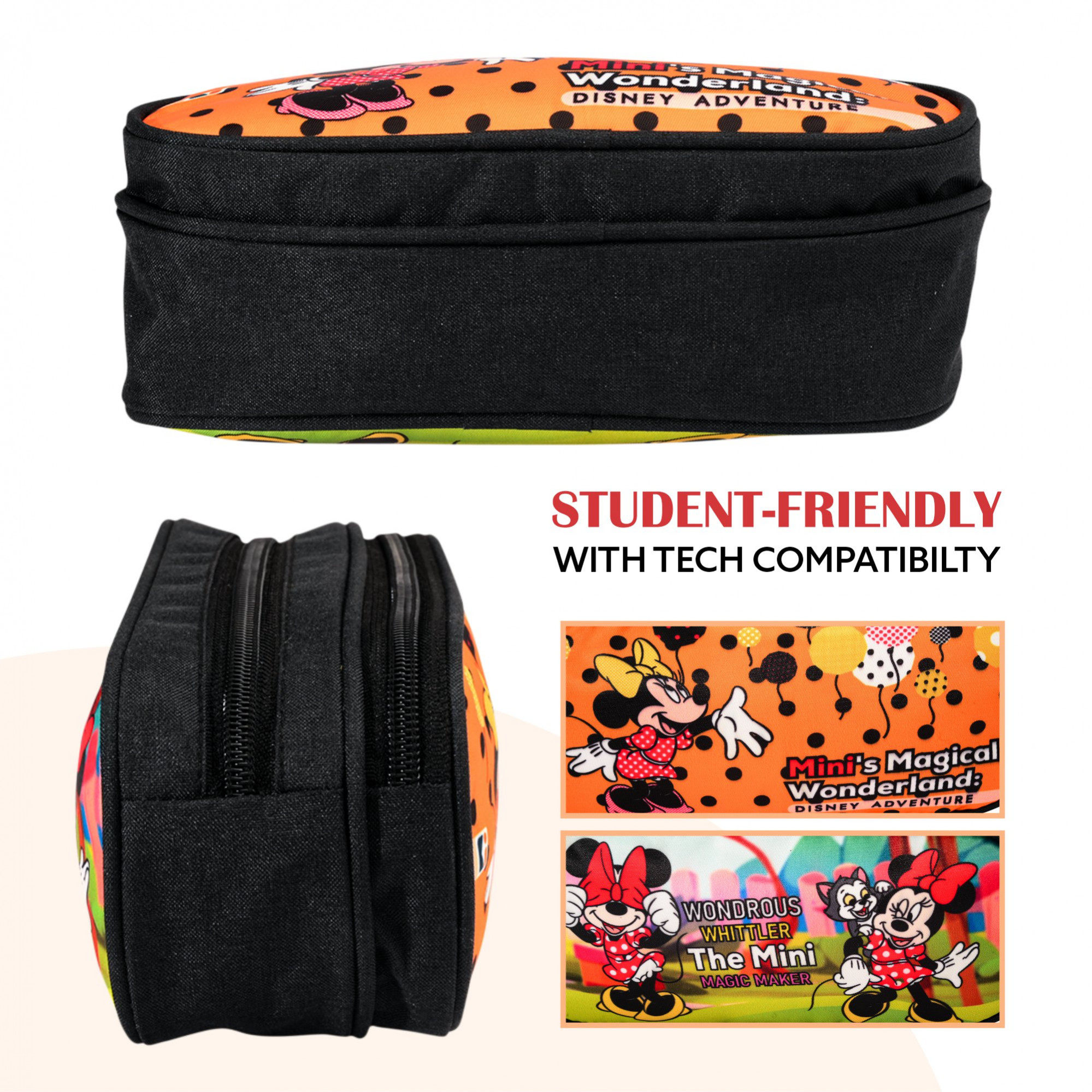 Kuber Industries Pencil Pouch  Multi-Purpose Travel Pouch  2 Compartments Utility Pouch  Waterproof Stationary Bag  Geometry Box  Disney Minnie Magic  Orange  Green